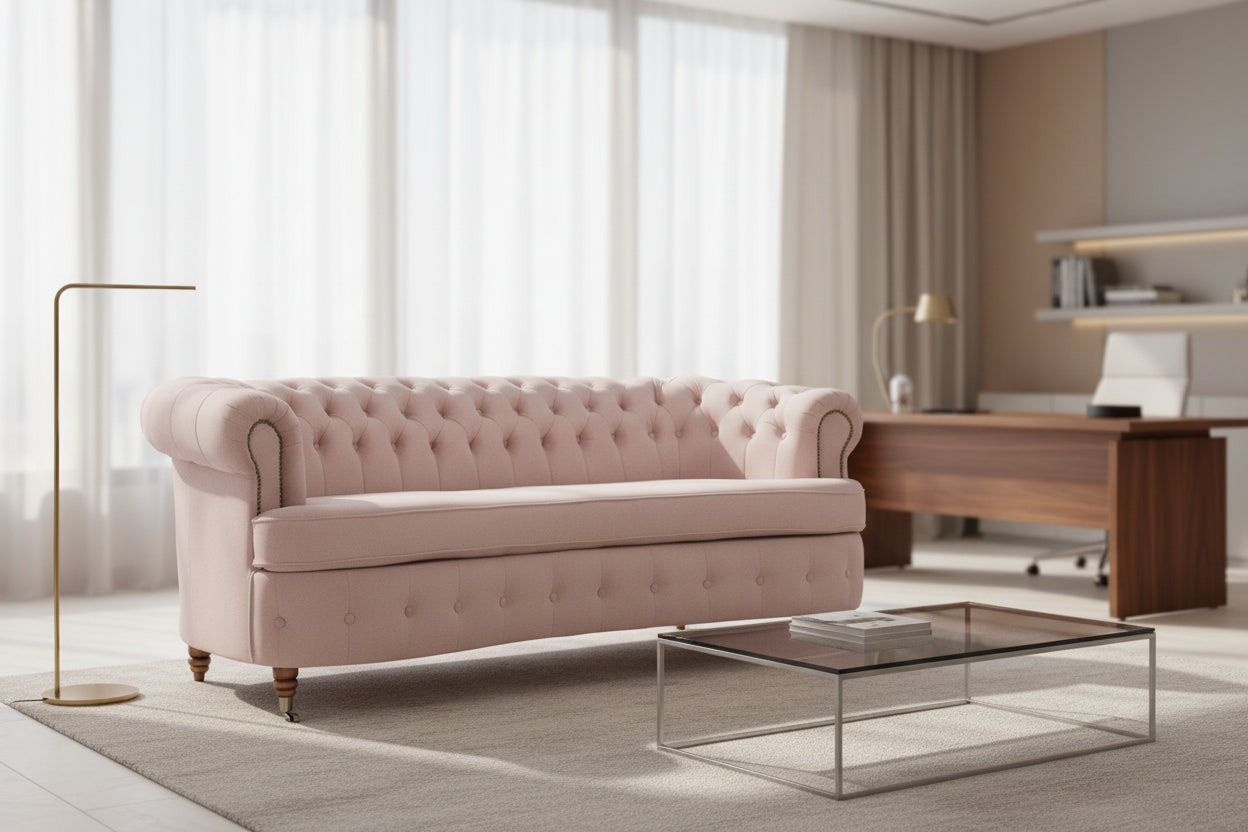 Диван Chestefield Lux – триместно, извито, бежово 230 × 86 × 80 см