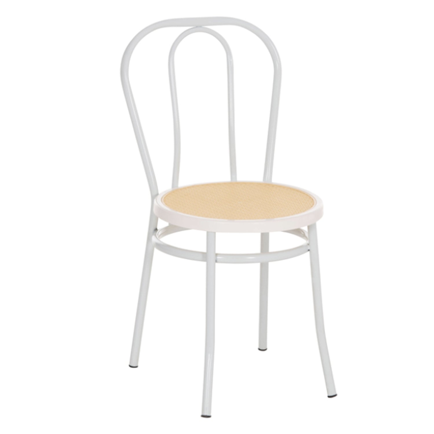 Бяло метално виенско столче с пластмасова ратанова седалка