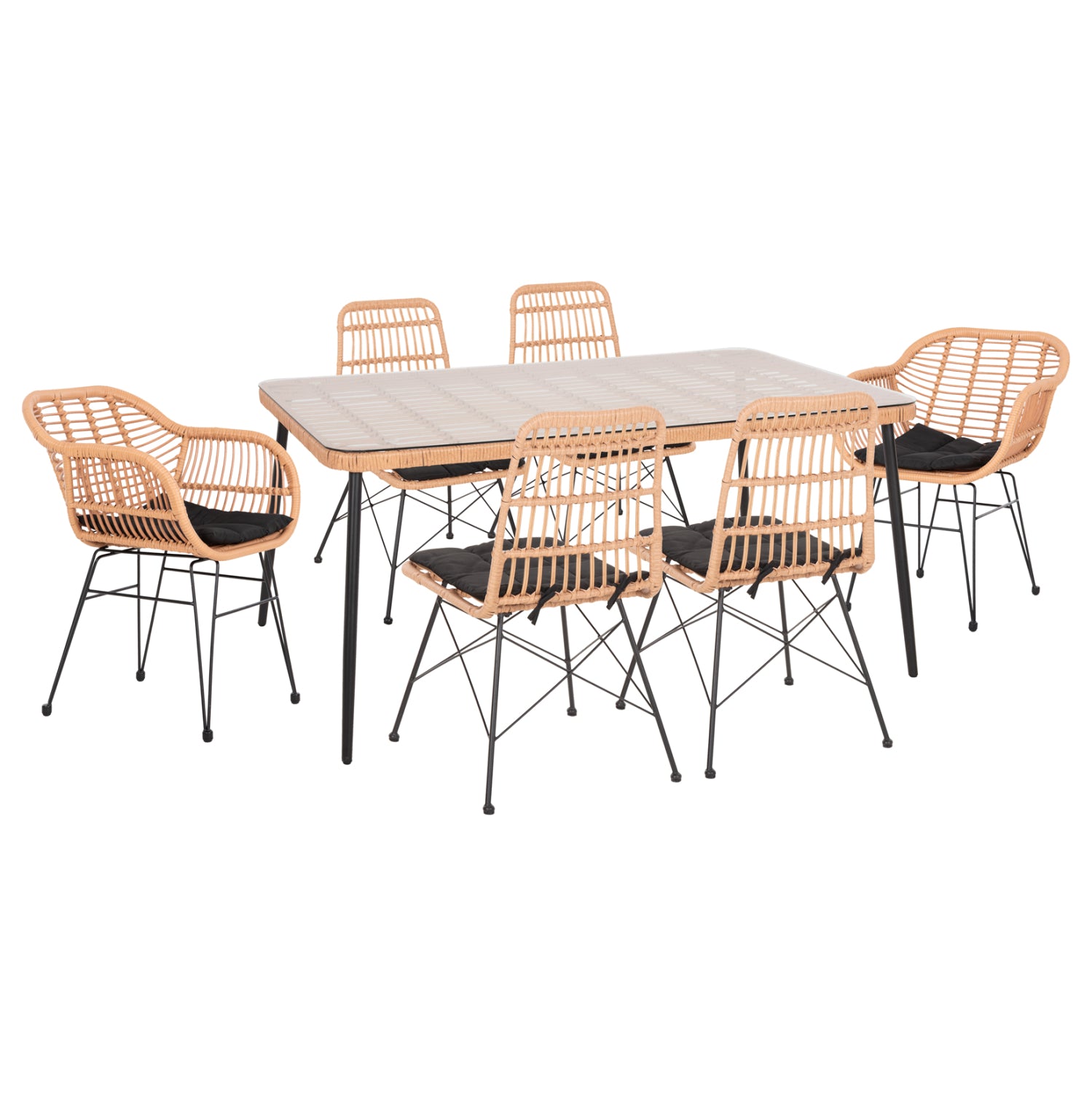 Комплект градински 7 части Аllegra от ракита,с маса 159,5x89,5x72 бежово-черен метал
