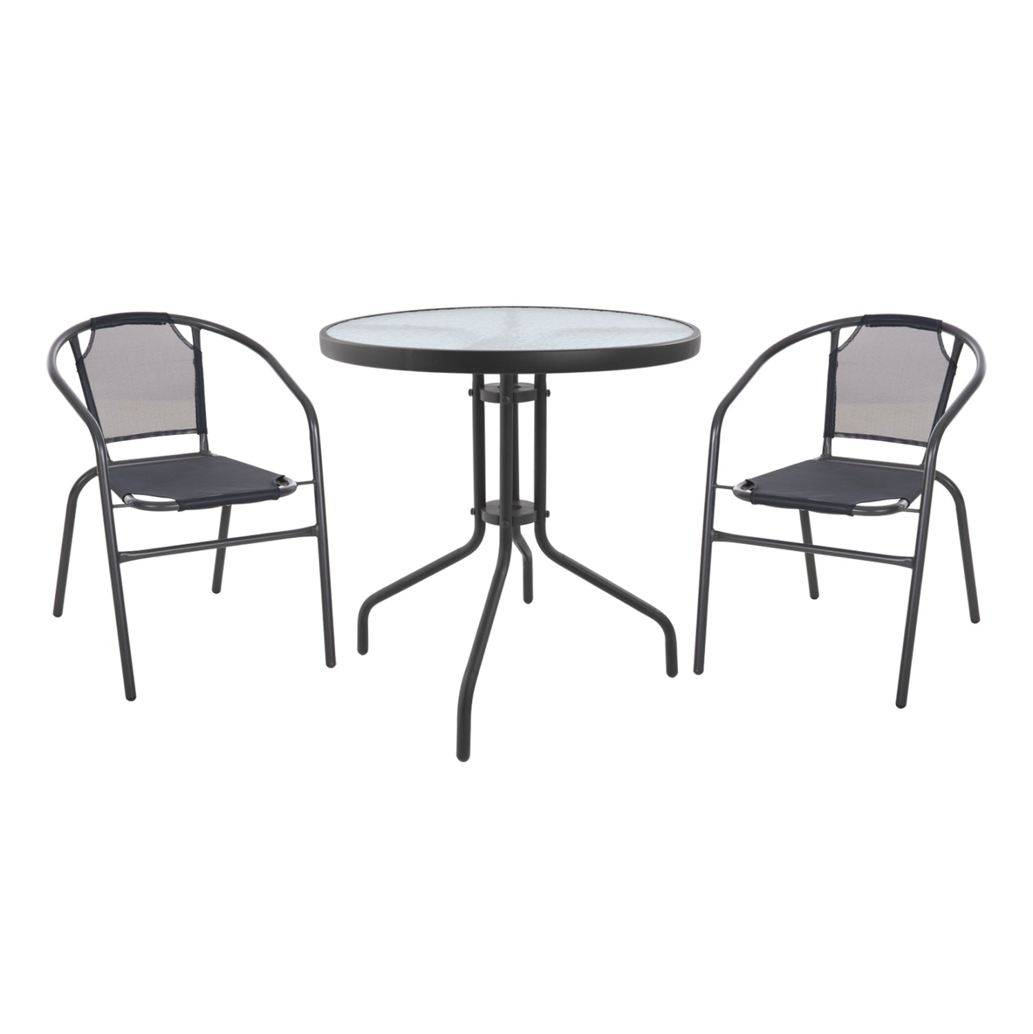Градински комплект от 3 части сив метал - защитно стъкло - сив текстил с маса ф70/70см