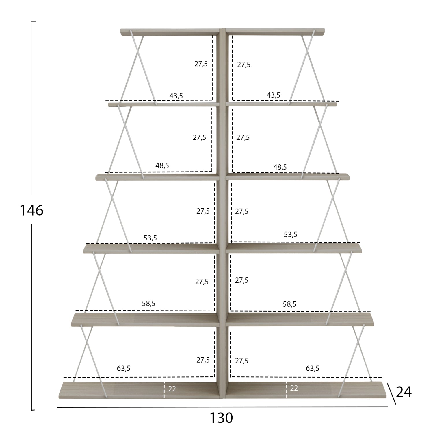Комплект библиотеки 2 бр Тарс цвят сонама-бял 65x24x146см.(x2)