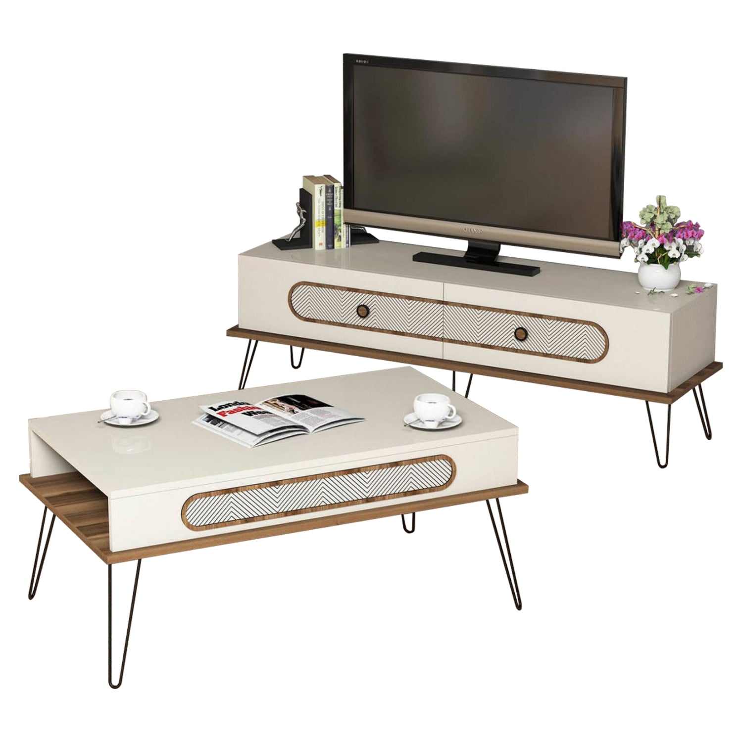 Меламинов комплект за хол 2 части, кремав-орех 11851