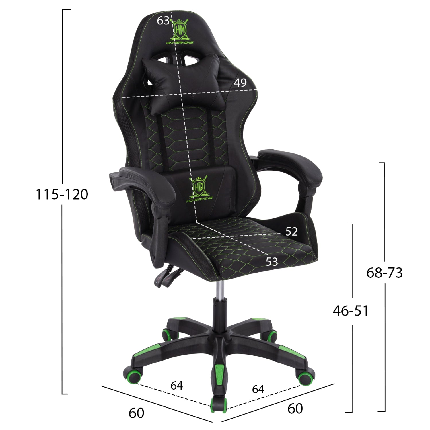 Геймърски стол LOOT цвят черен-зелен 60x60x120см