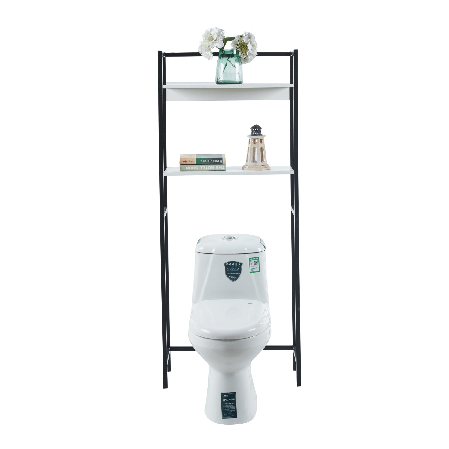 Мебели за пералня - рафт HYGY черен метал - бял мдф 64x25x156см