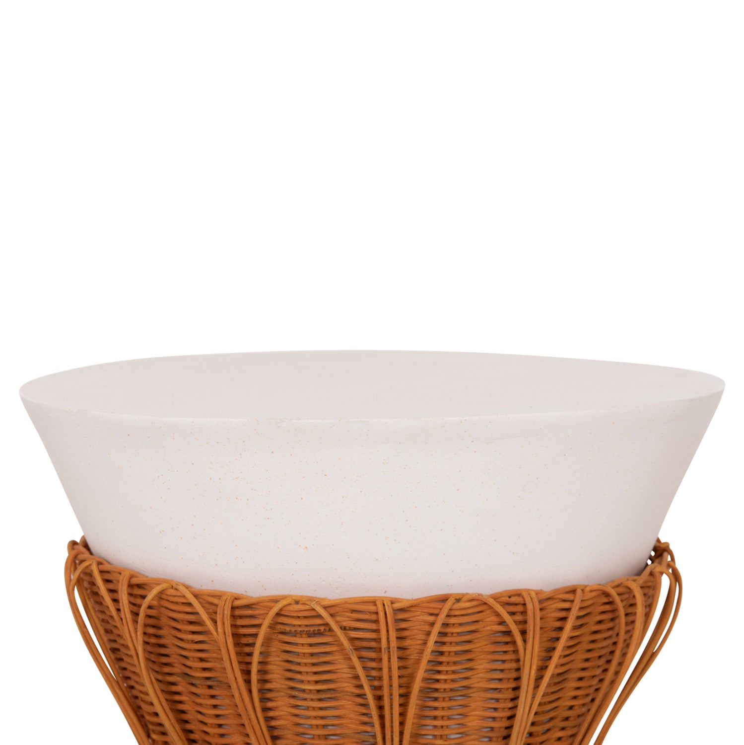 Кръгла странична маса PERRAL фибро цимент в бял - натурален ратан -- φ42x36всм.