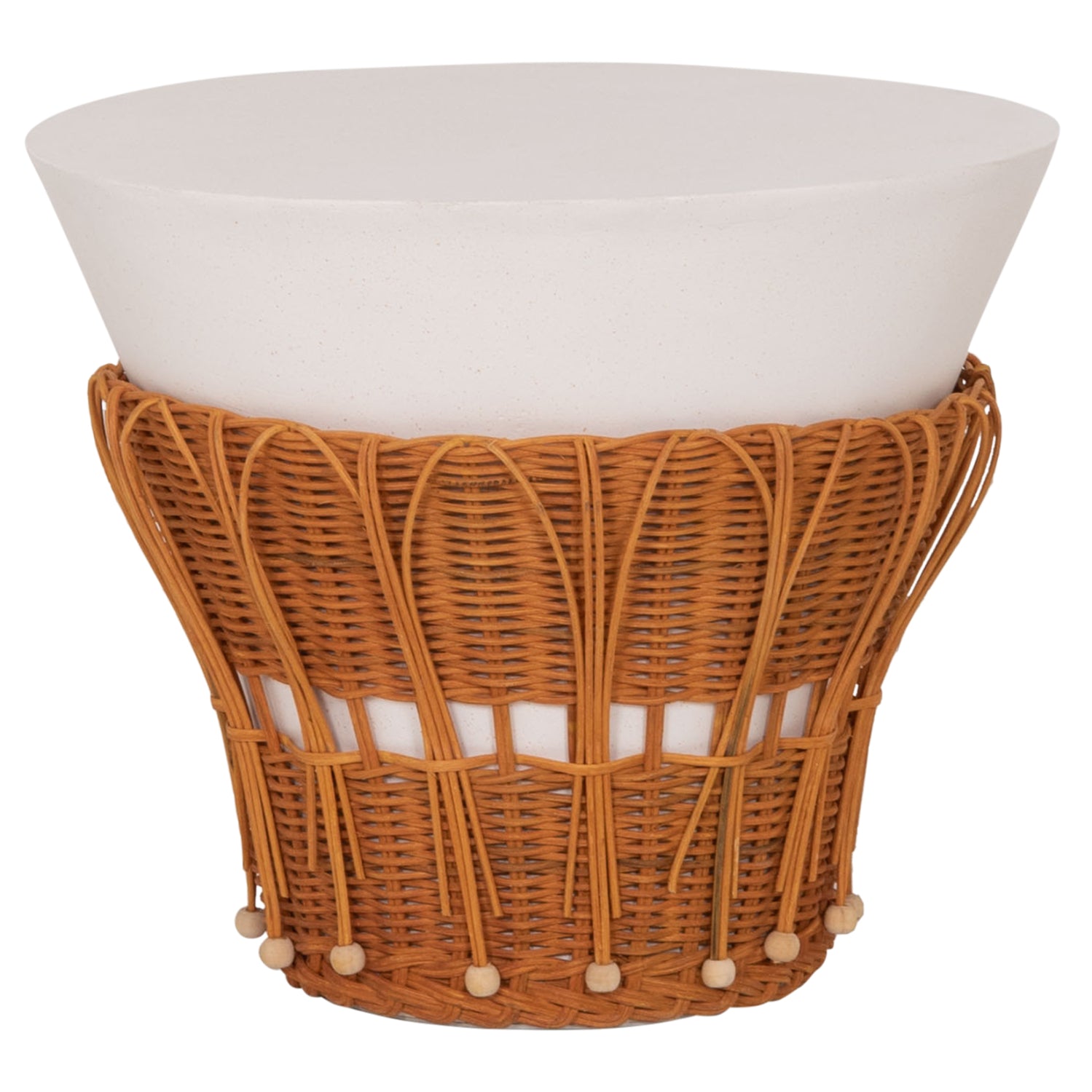 Кръгла странична маса PERRAL фибро цимент в бял - натурален ратан -- φ42x36всм.