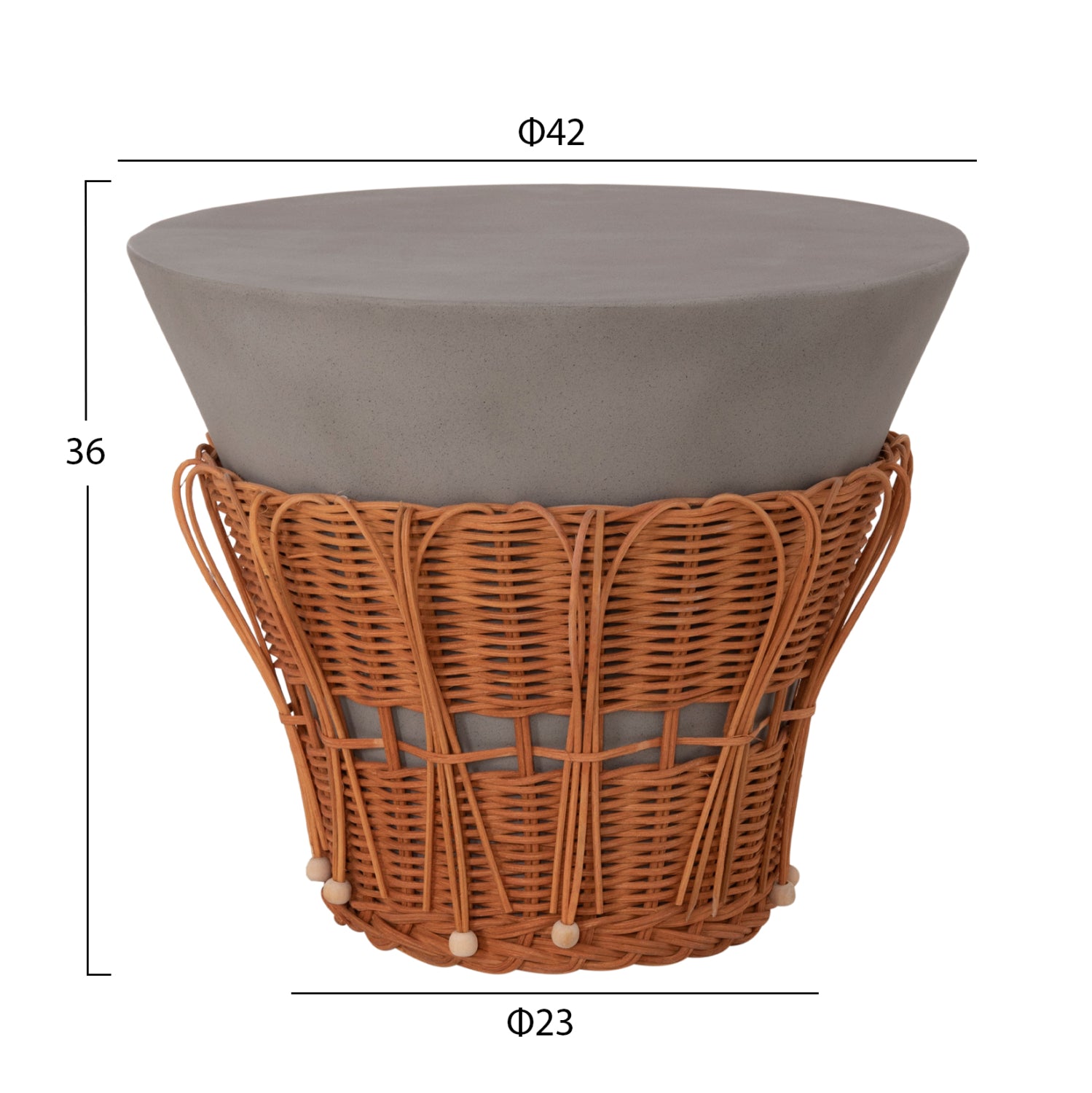 Кръгла странична маса PERRAL фибър цимент в сиво / натурален ратан φ42x36см.
