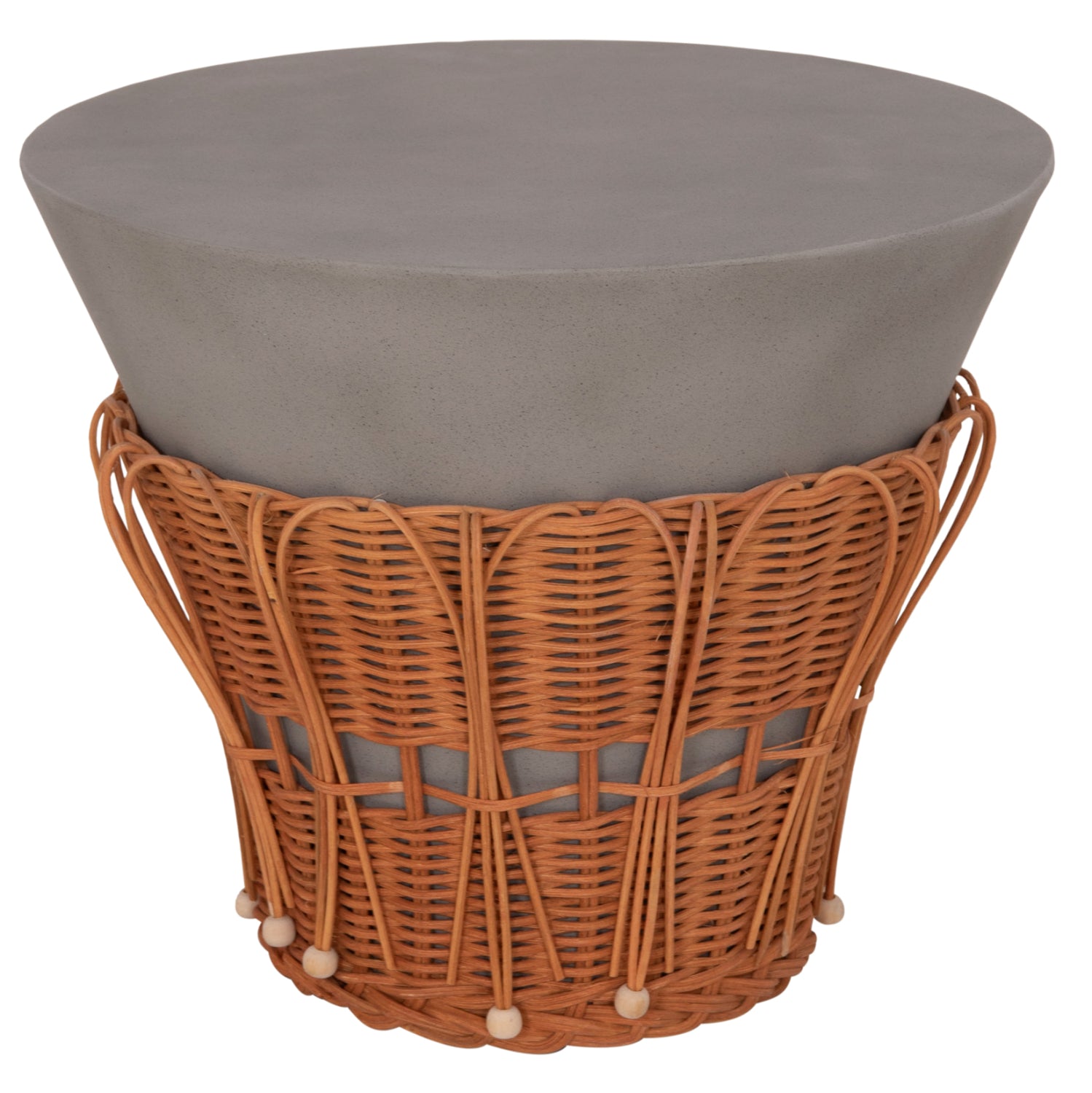 Кръгла странична маса PERRAL фибър цимент в сиво / натурален ратан φ42x36см.