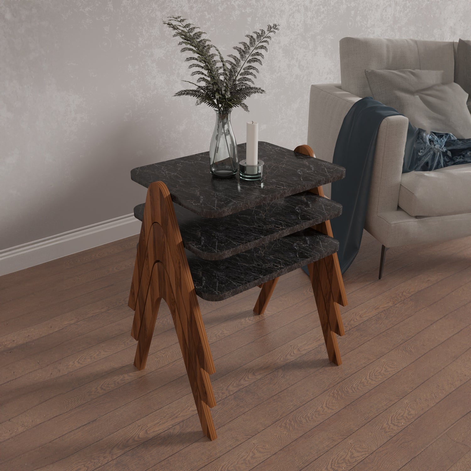 Странични маси 3 бр REACHER цвят орех-черен 40x30x40см