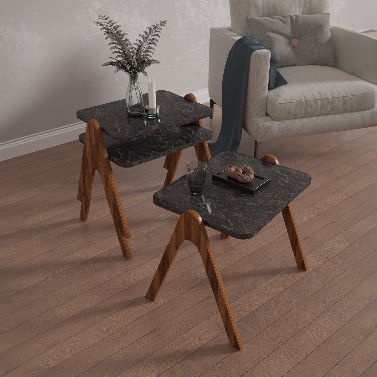 Странични маси 3 бр REACHER цвят орех-черен 40x30x40см