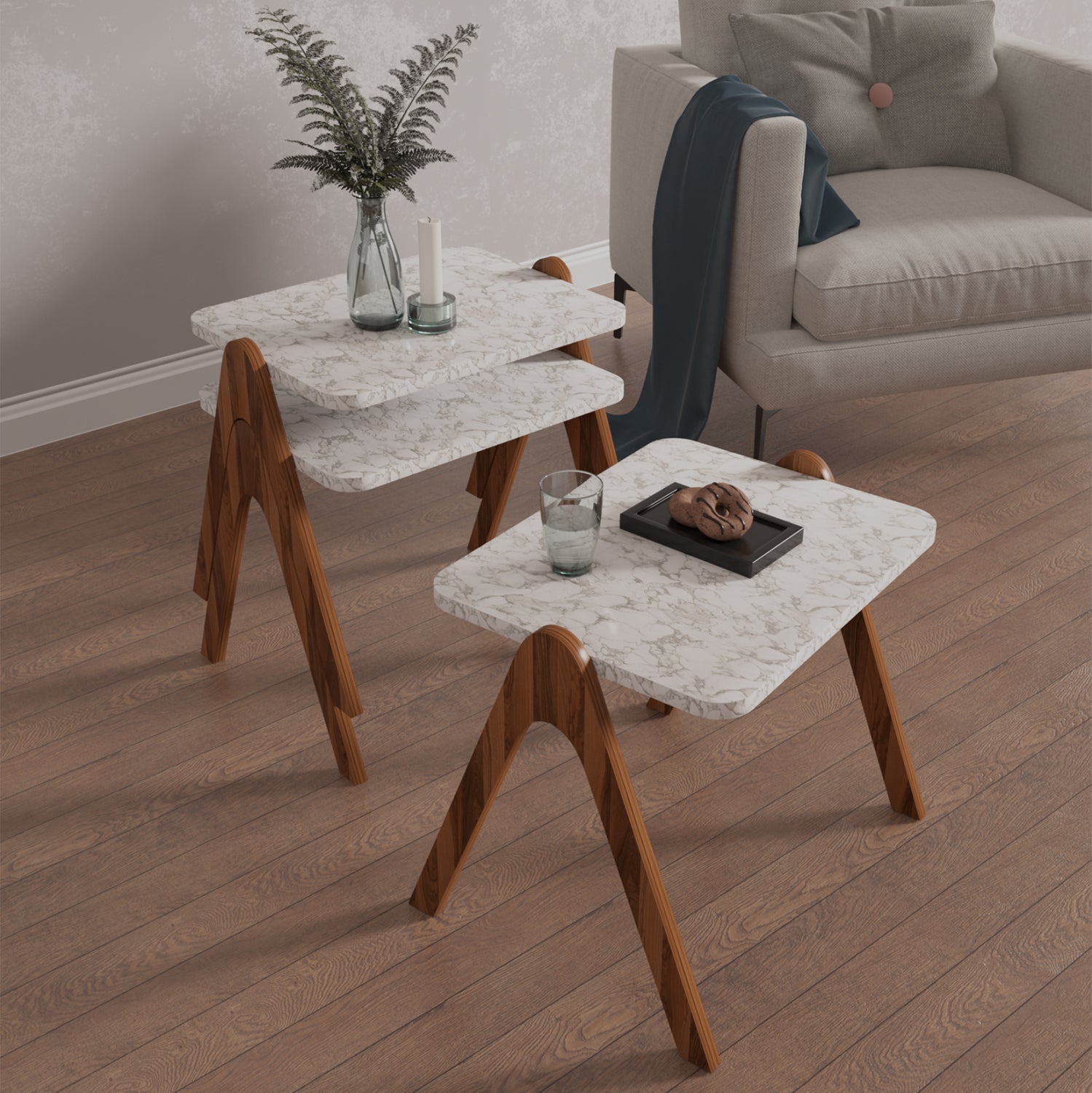 Комплект от 3 странични масички REACHER орех-бял цвят 40x30x40см