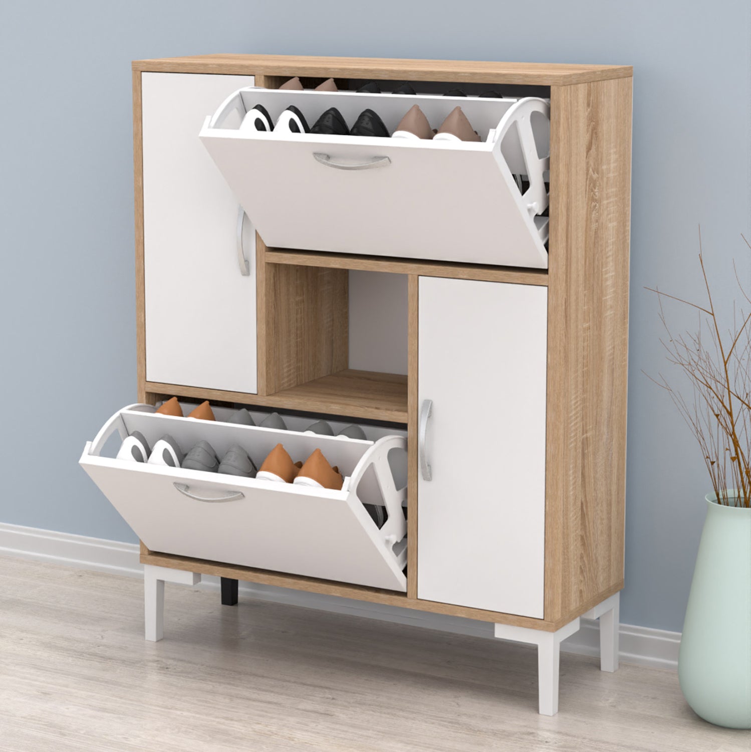 Шкаф за обувки от меламина Medy в бяло и с крака в цвят сонама-бели, 86.5x30x109см