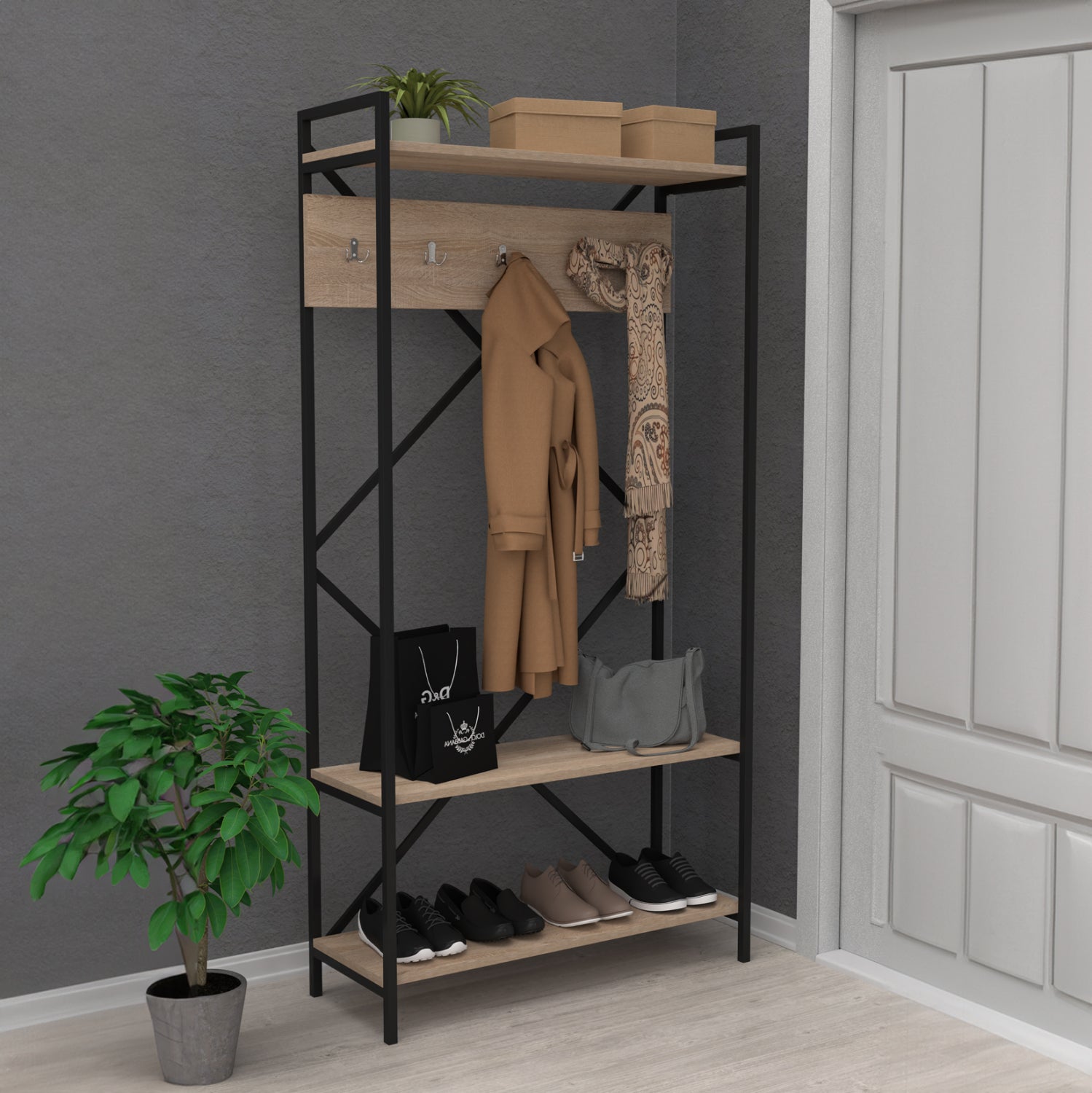 Входна мебели navis меламин sonama - черна метална рамка 90x34x180см