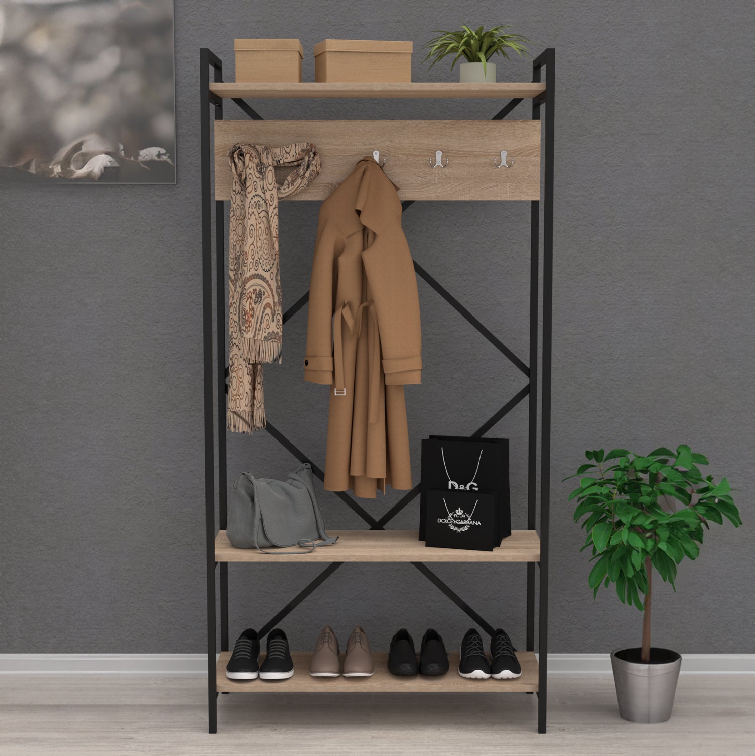 Входна мебели navis меламин sonama - черна метална рамка 90x34x180см