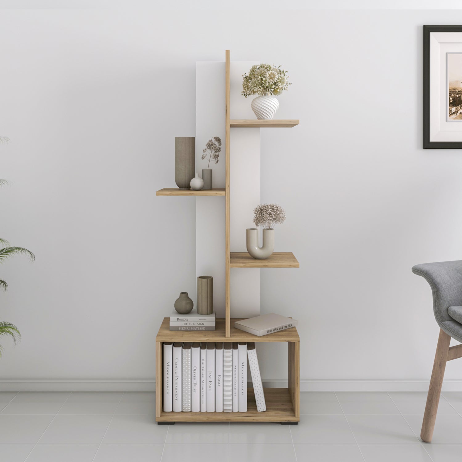 Етажерка TRIVIO цвят бял-натурал цвят 50x25x127см