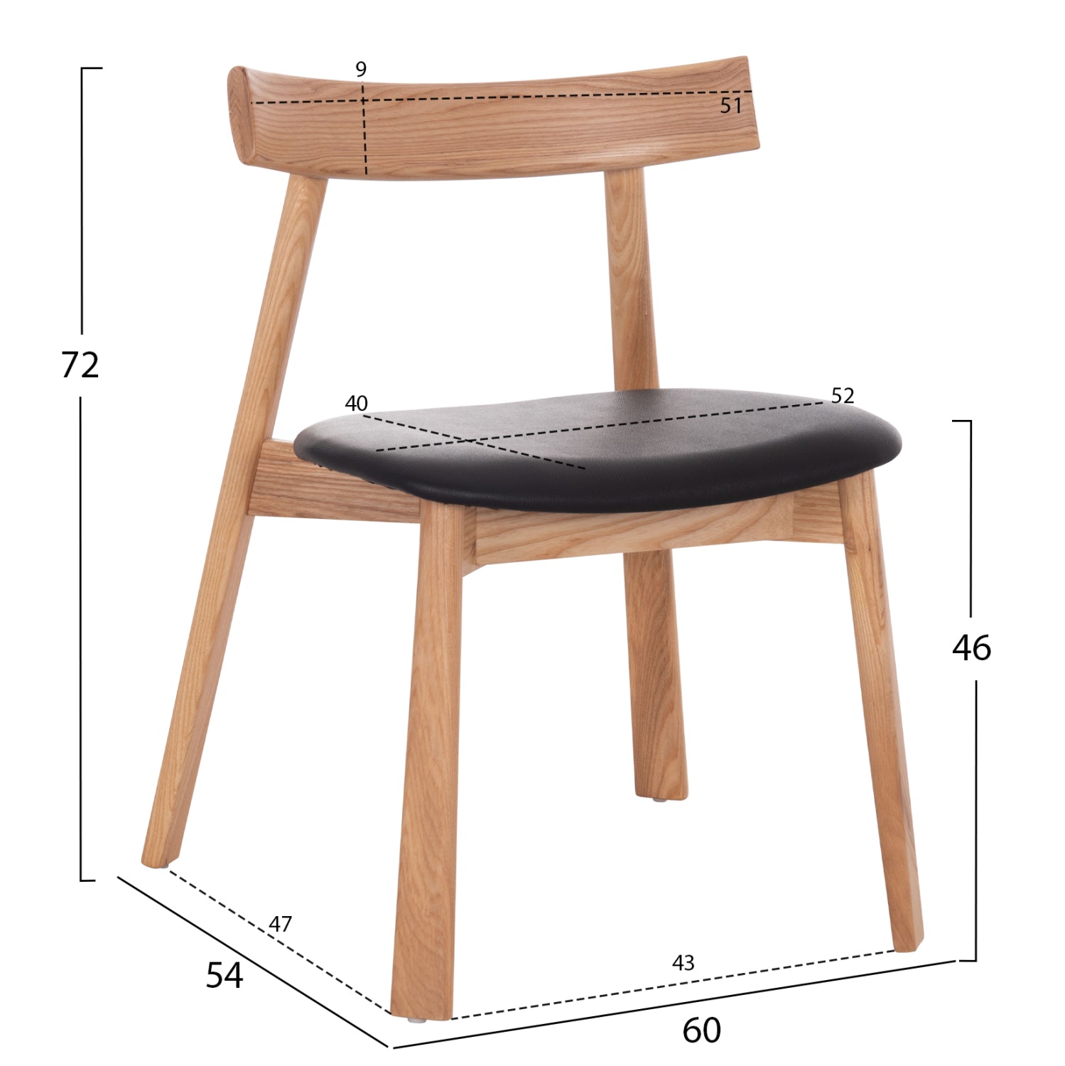 Трапезен стол SEKAN каучуково дърво-черно pu 60x54x72см