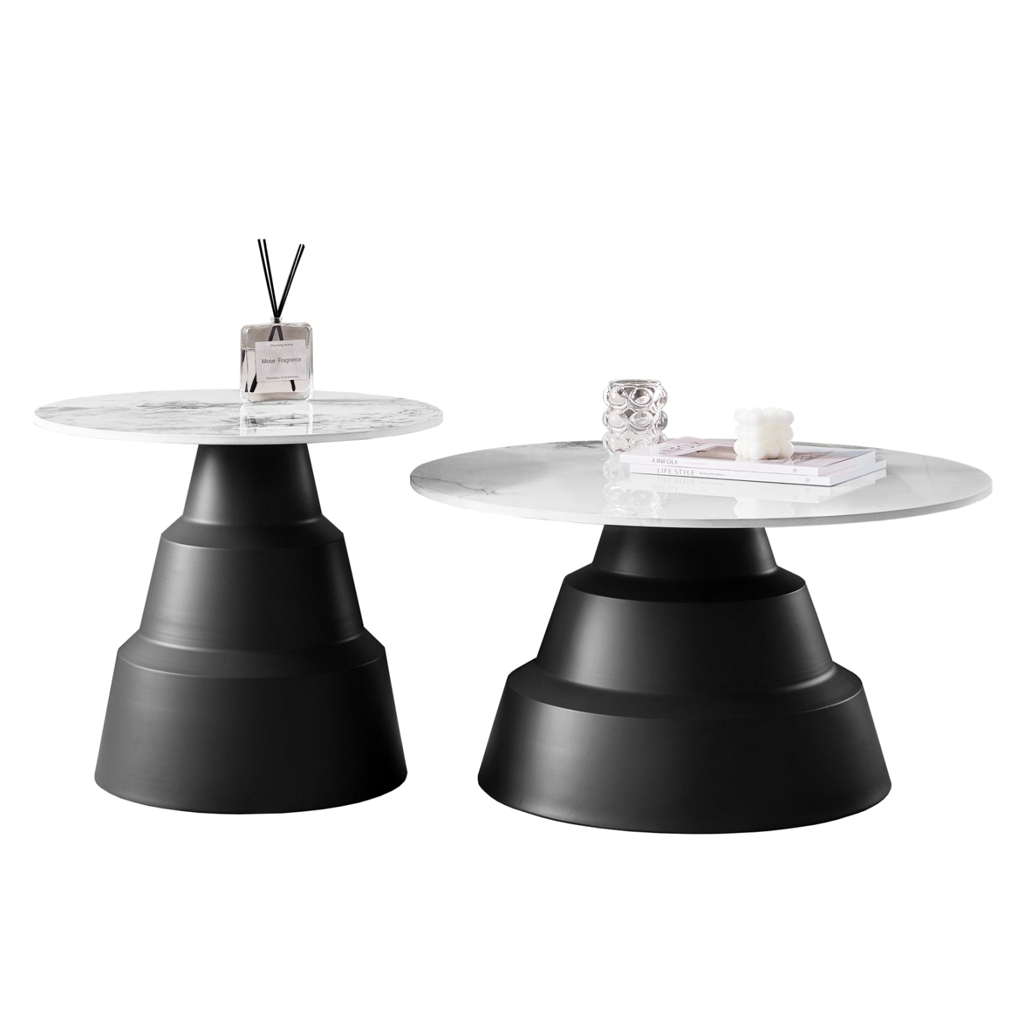 Комплект от 2 масички за кафе LIDOX с плотове от синтерован камък - цвят снежно бял φ50 и φ70