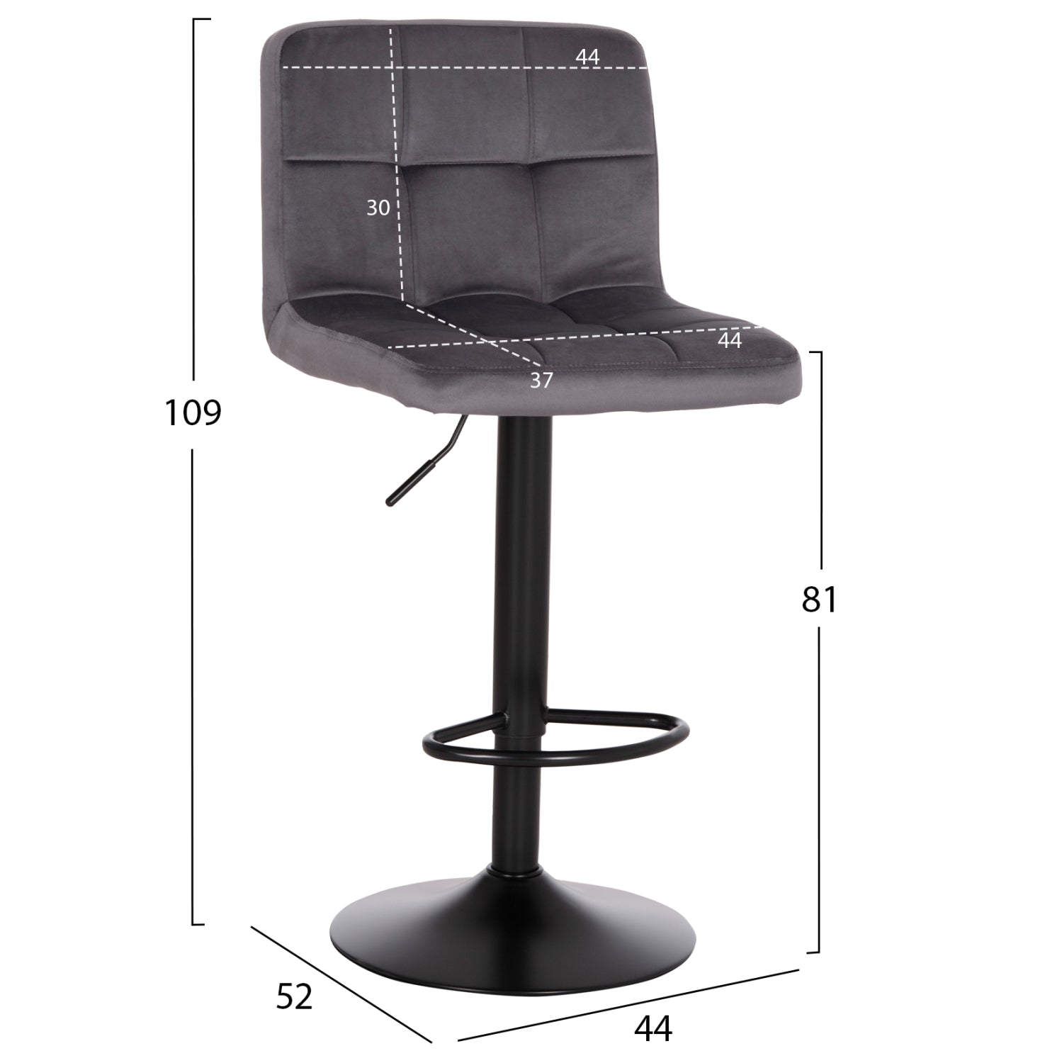 Бар стол Диана сиво кадифе/ черно 44x52x109см