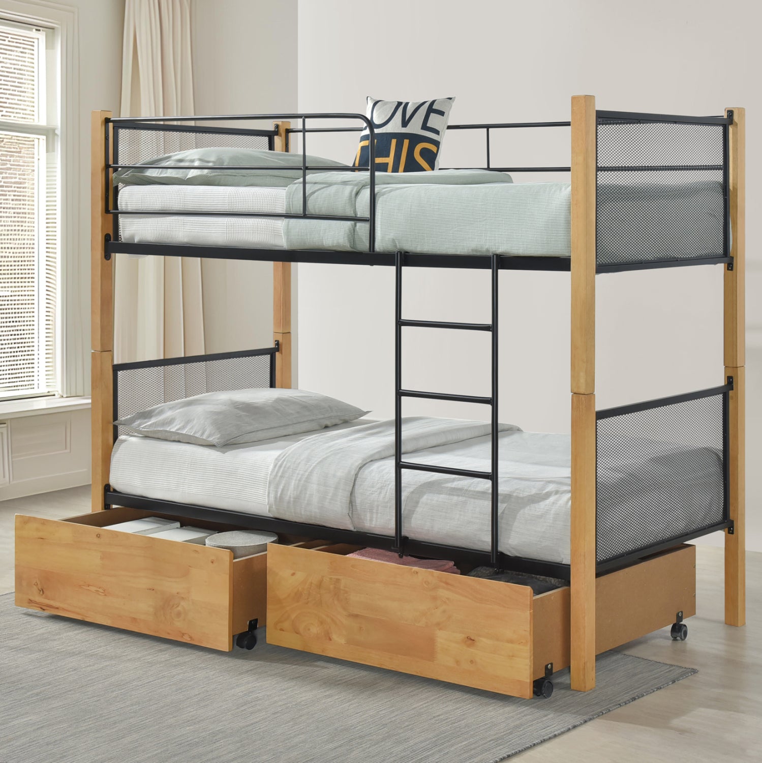 Двуетажно легло с 2 чекмеджета rayven дърво-метал-за матраци 90x190см