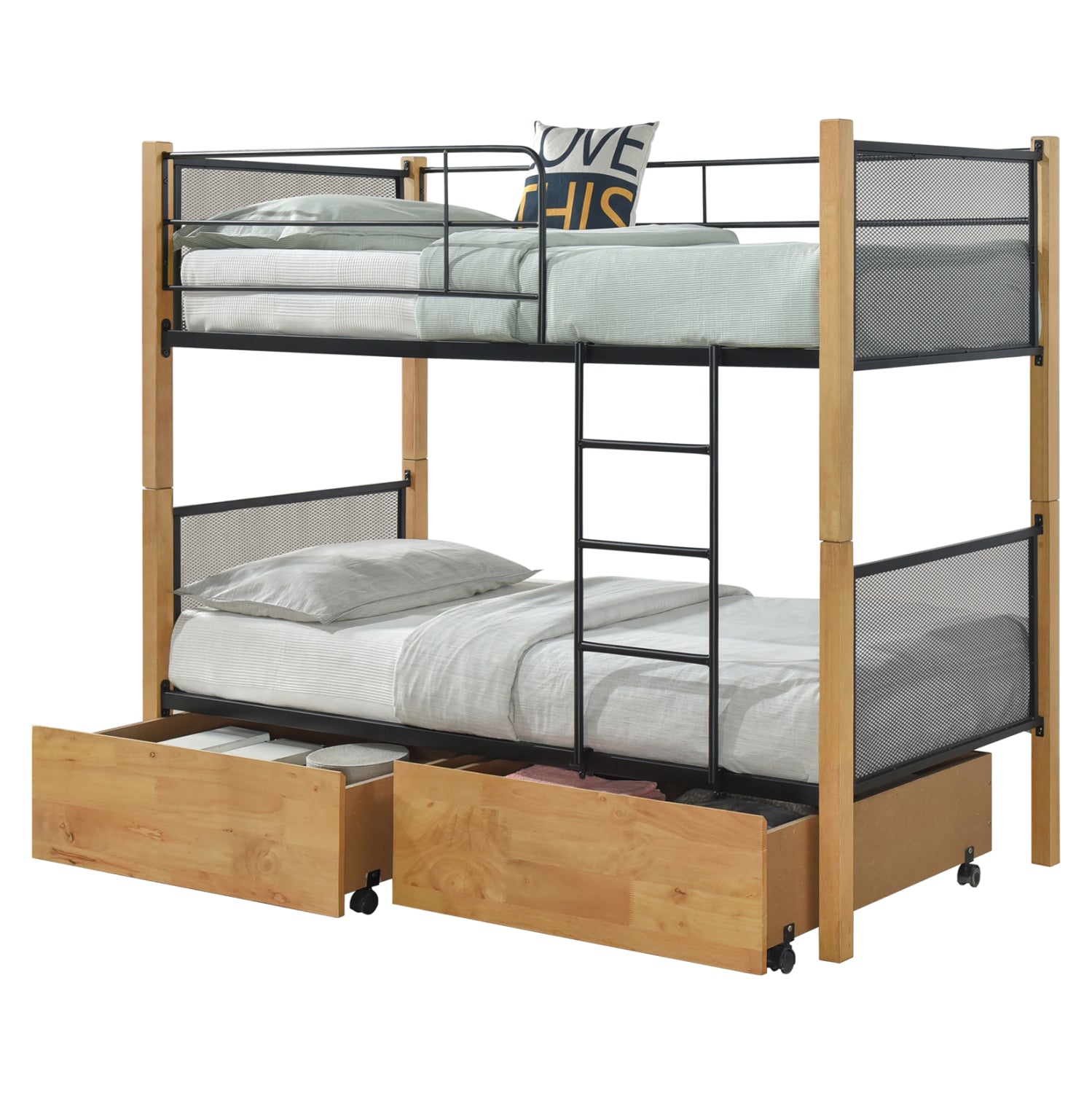 Двуетажно легло с 2 чекмеджета rayven дърво-метал-за матраци 90x190см