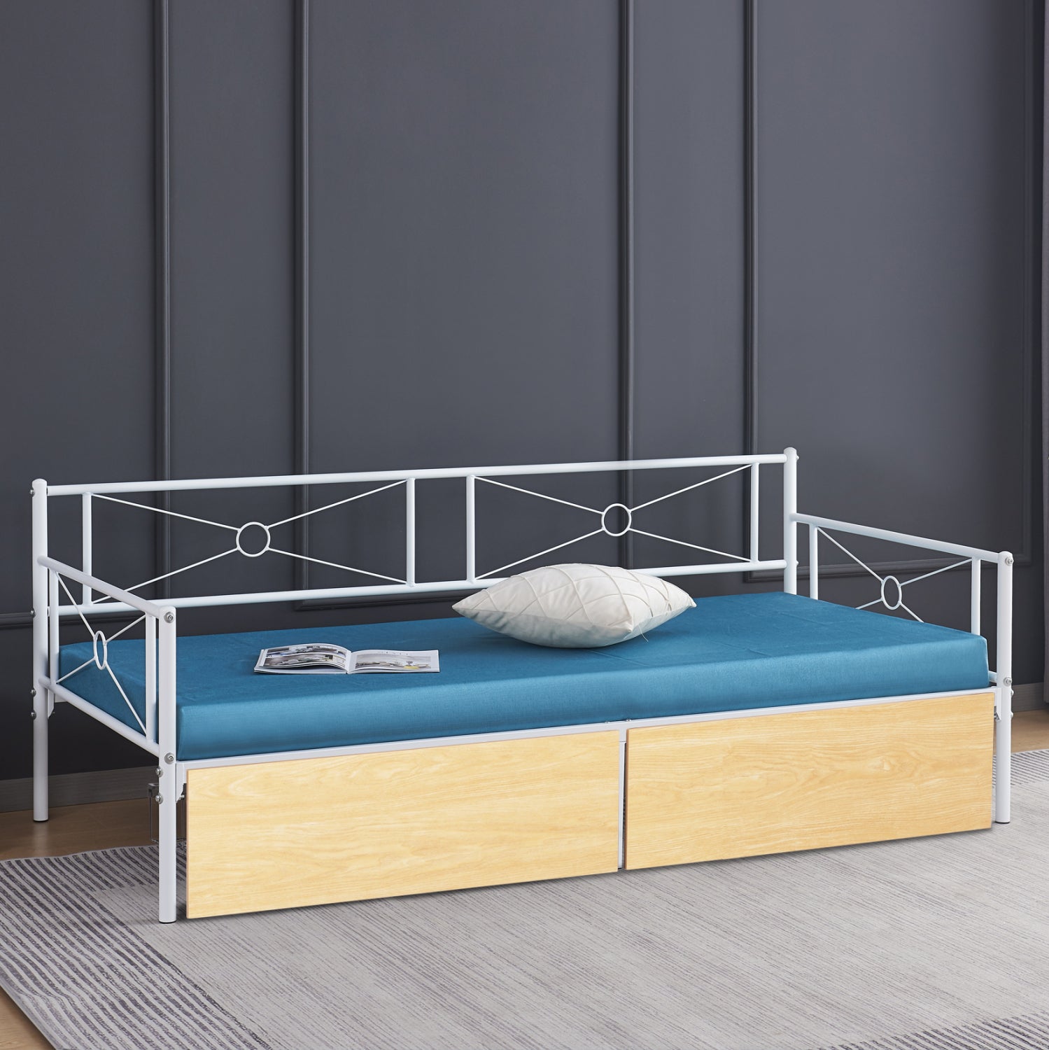 Разтегателен диван BERNIE бял метал и 2 чекмеджета сонома - за 190x90 см