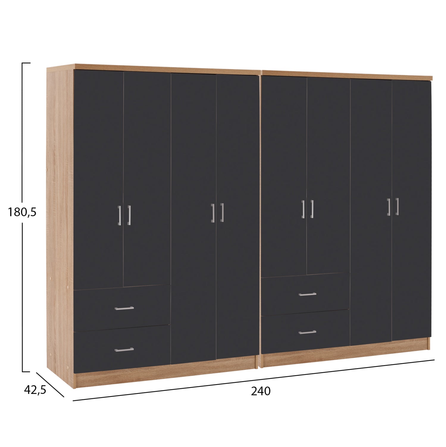 8-крилен гардероб BRIANA сонома меламин и тъмно сиво 241x42.5x180.5cm.