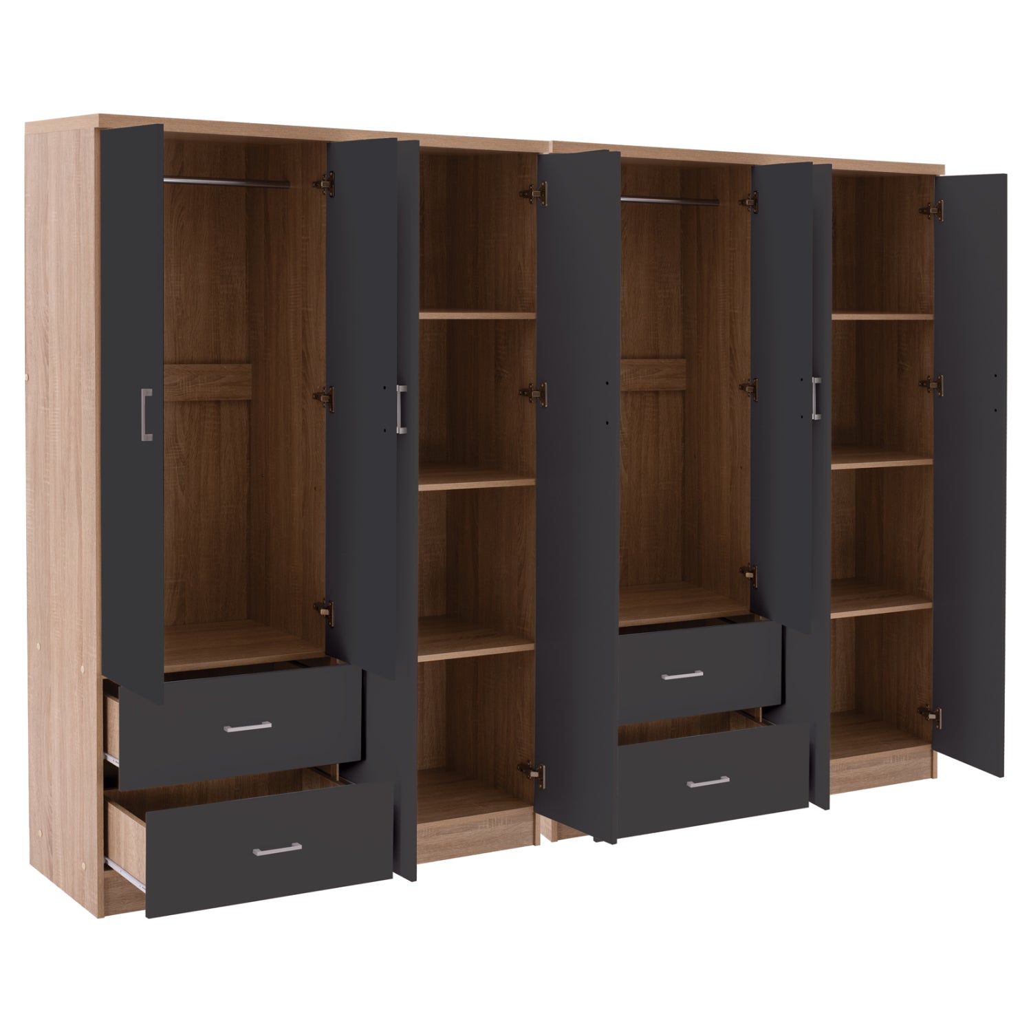 8-крилен гардероб BRIANA сонома меламин и тъмно сиво 241x42.5x180.5cm.