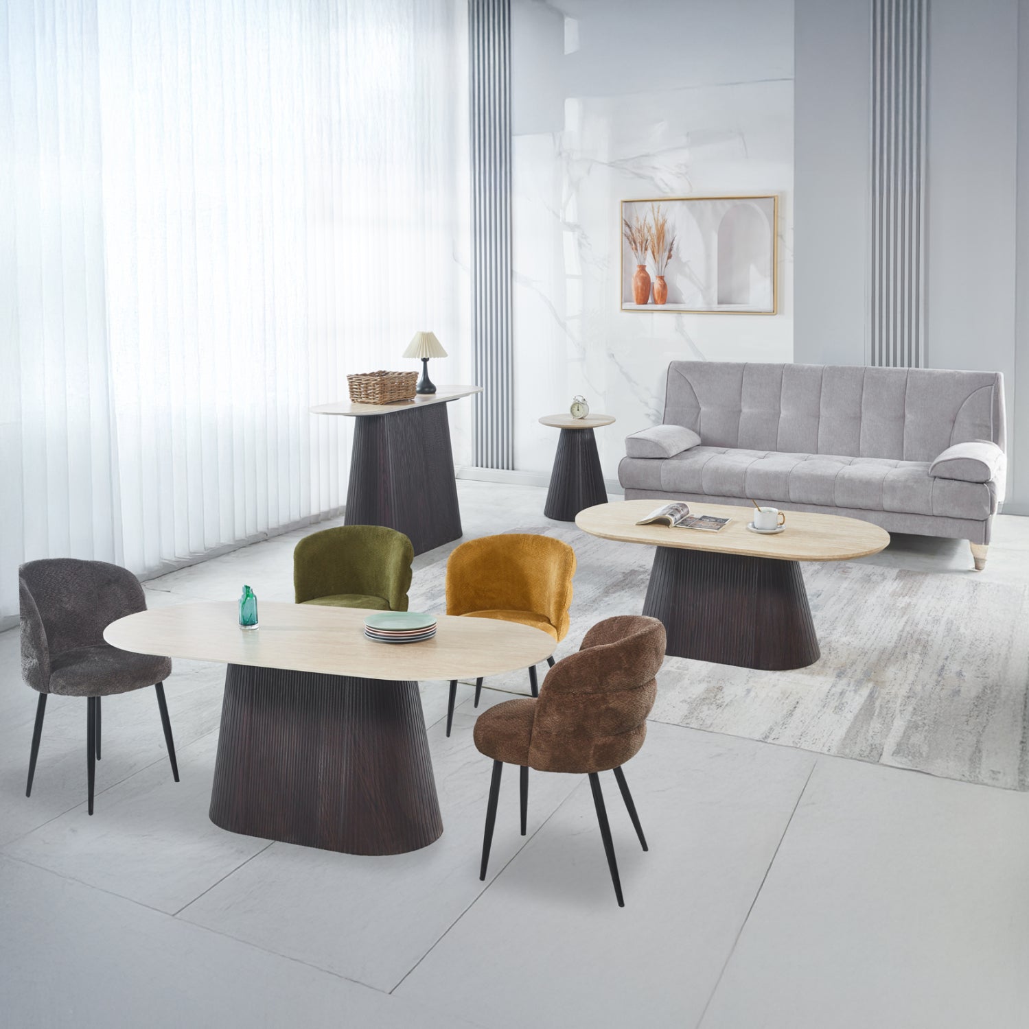 Комплект от 3 маси и 1 конзола CATER керамичен плот вид на травертин-мдф кафява основа