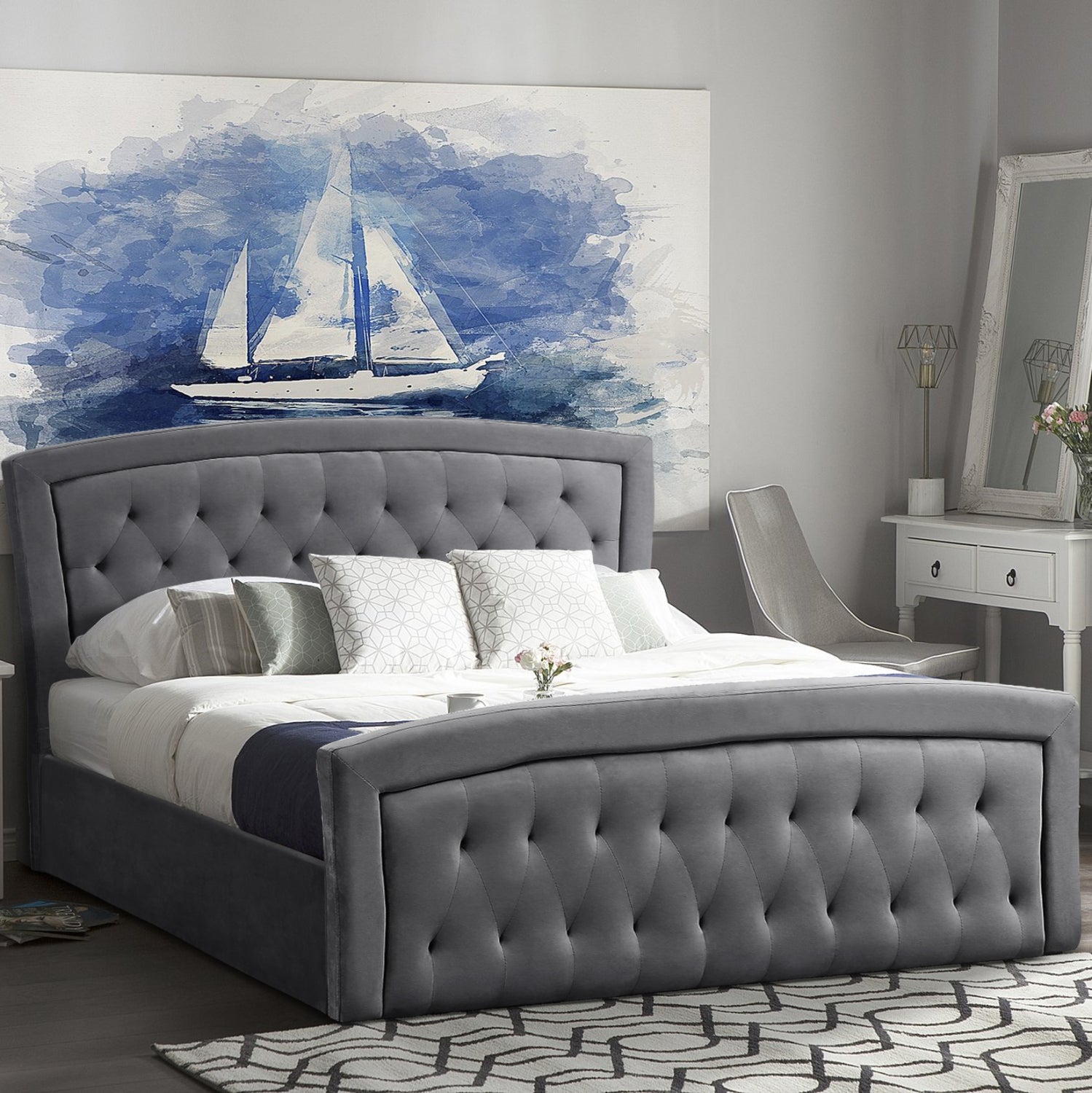 Двойно легло с матрак и място за съхранение ODELIA сиво кадифе за 160x200см