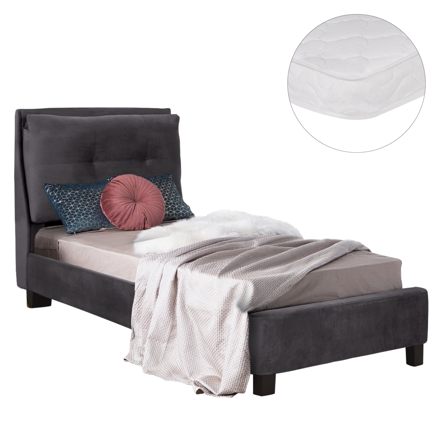 Легло с матрак RILEY сиво кадифе 90x200см