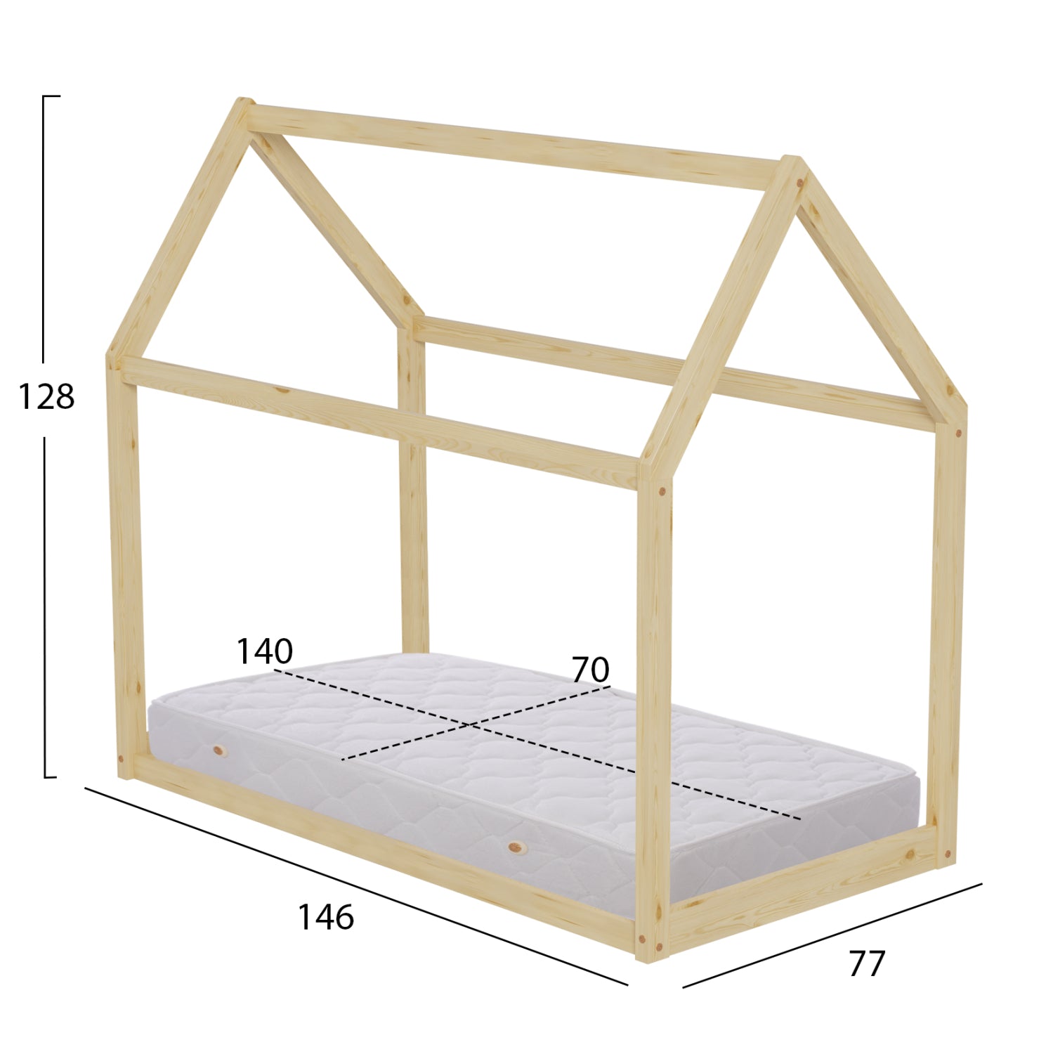 Детско легло с матрак Pepe натурален боров дървесина -- матрак 70x140см