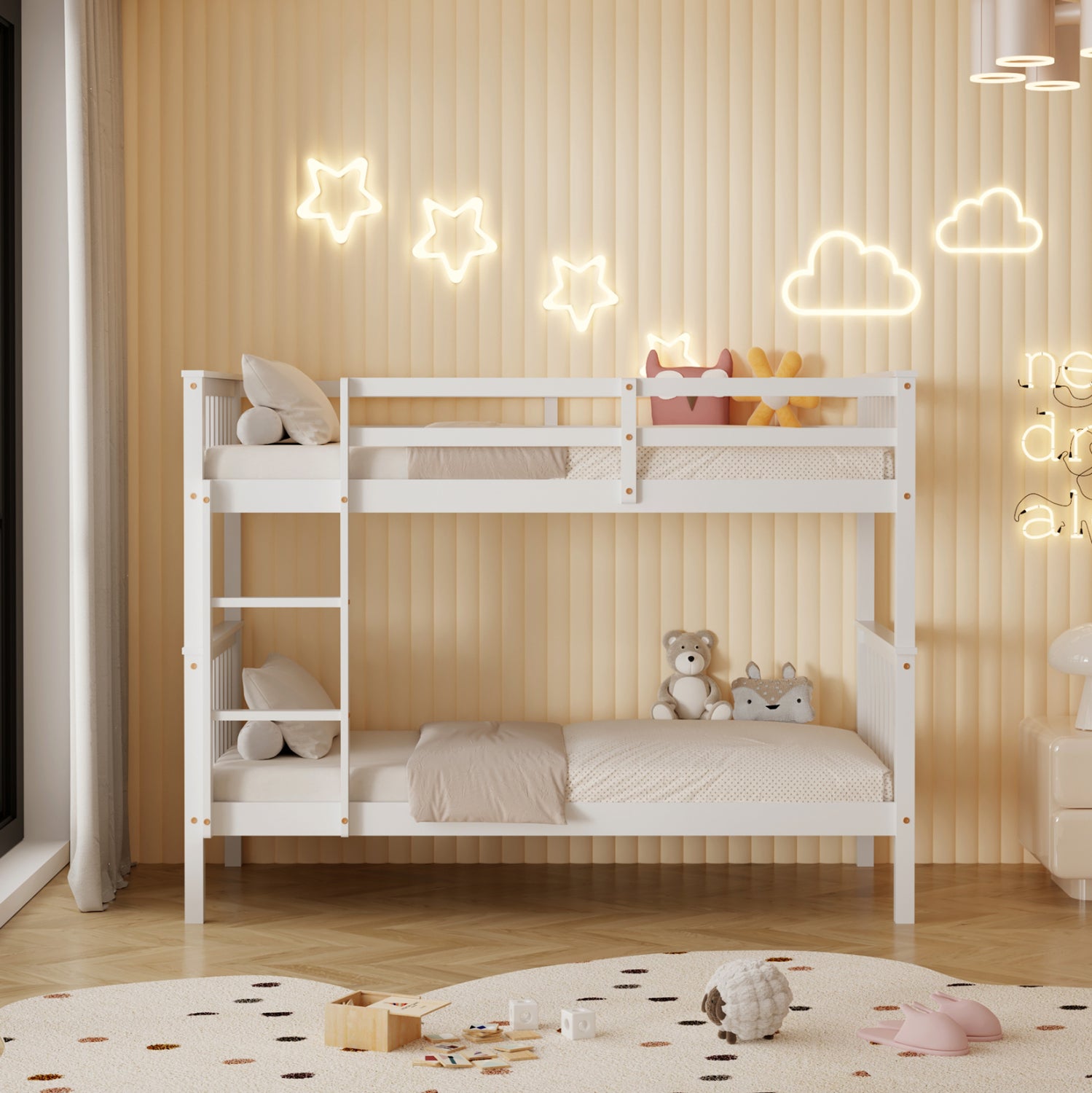 Детско двуетажно легло с 2 матрака LANTAI, борова дървесина, бяло - матраци 90x190см