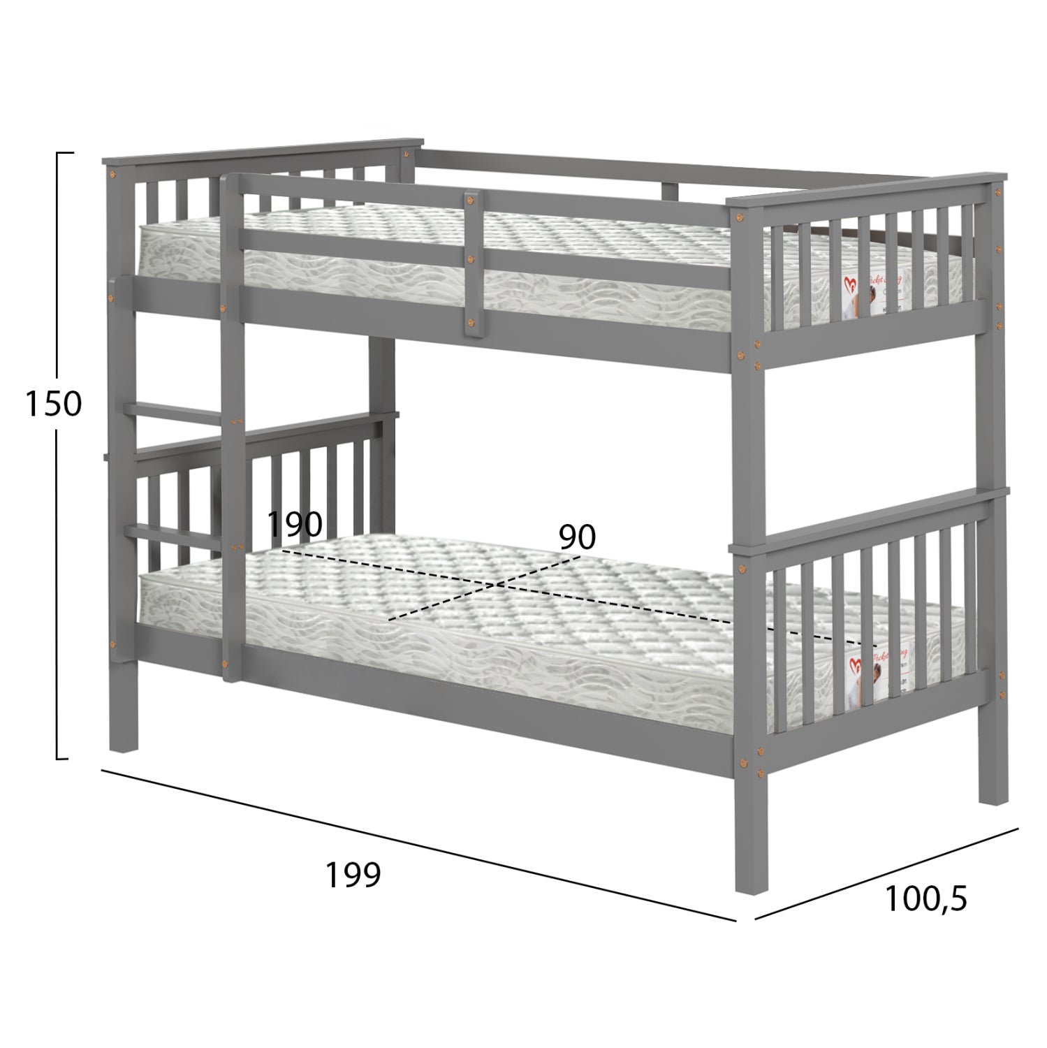 Детско двуетажно легло с 2 матрака LANTAI борова дървесина, сива - матраци 90x190см