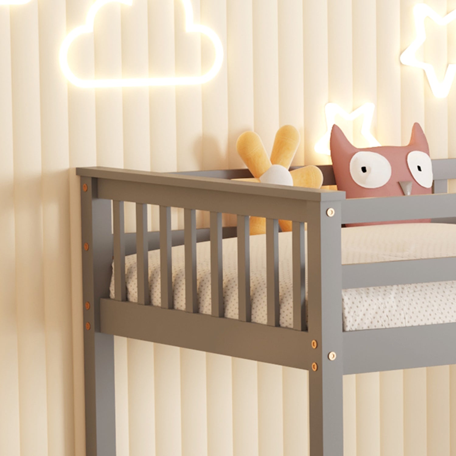 Детско двуетажно легло с 2 матрака LANTAI борова дървесина, сива - матраци 90x190см