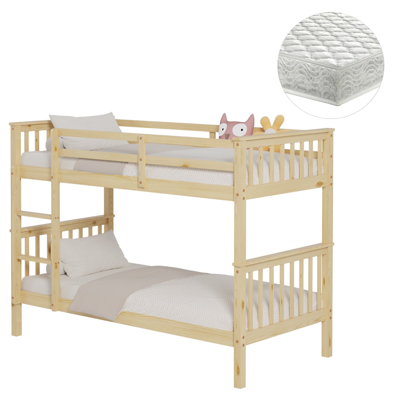 Детско двуетажно легло с 2 матрака LANTAI от естествена борова дървесина -- матраци 90x190см