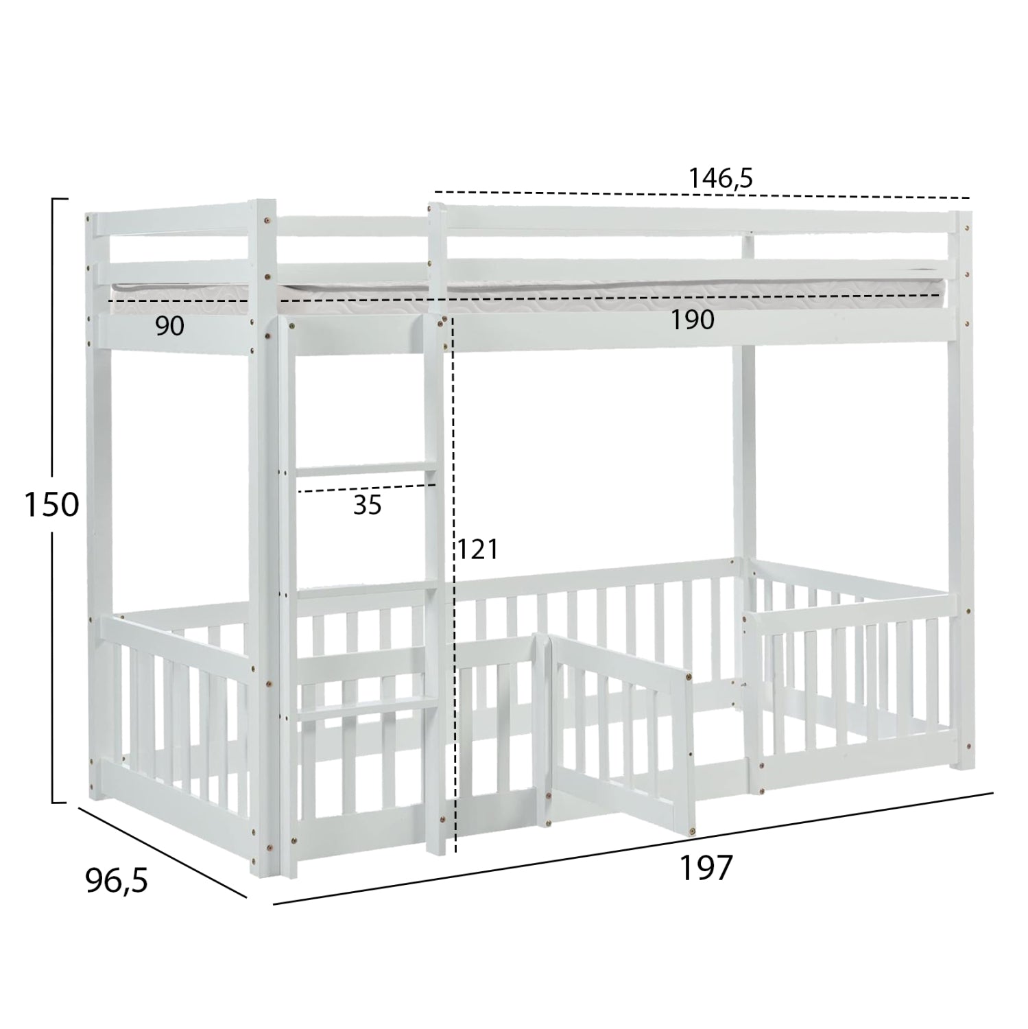 Детско двуетажно легло Playkid памучен борова дървесина , бяло - с матрак 90x190 см