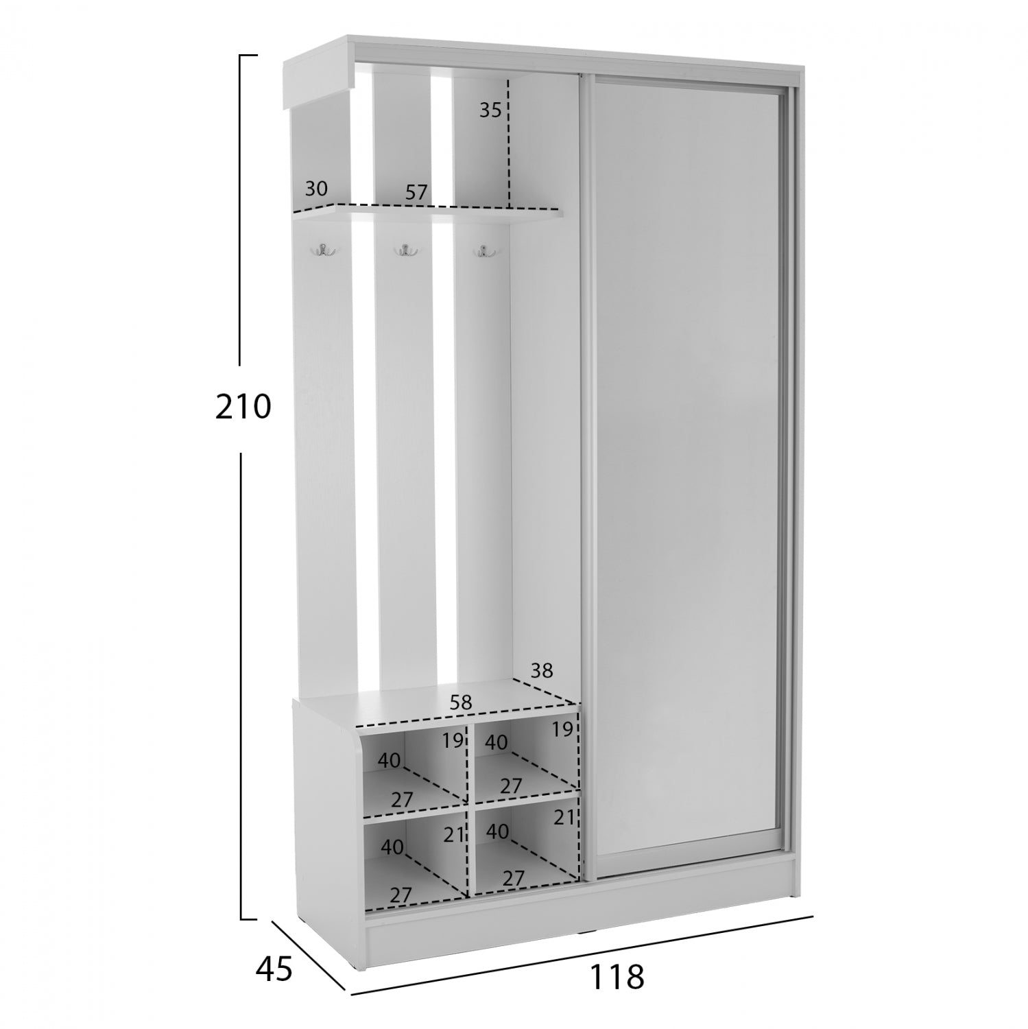 Входно антре с плъзгащ се гардероб и огледало DULCE бял цвят 118x45x210см