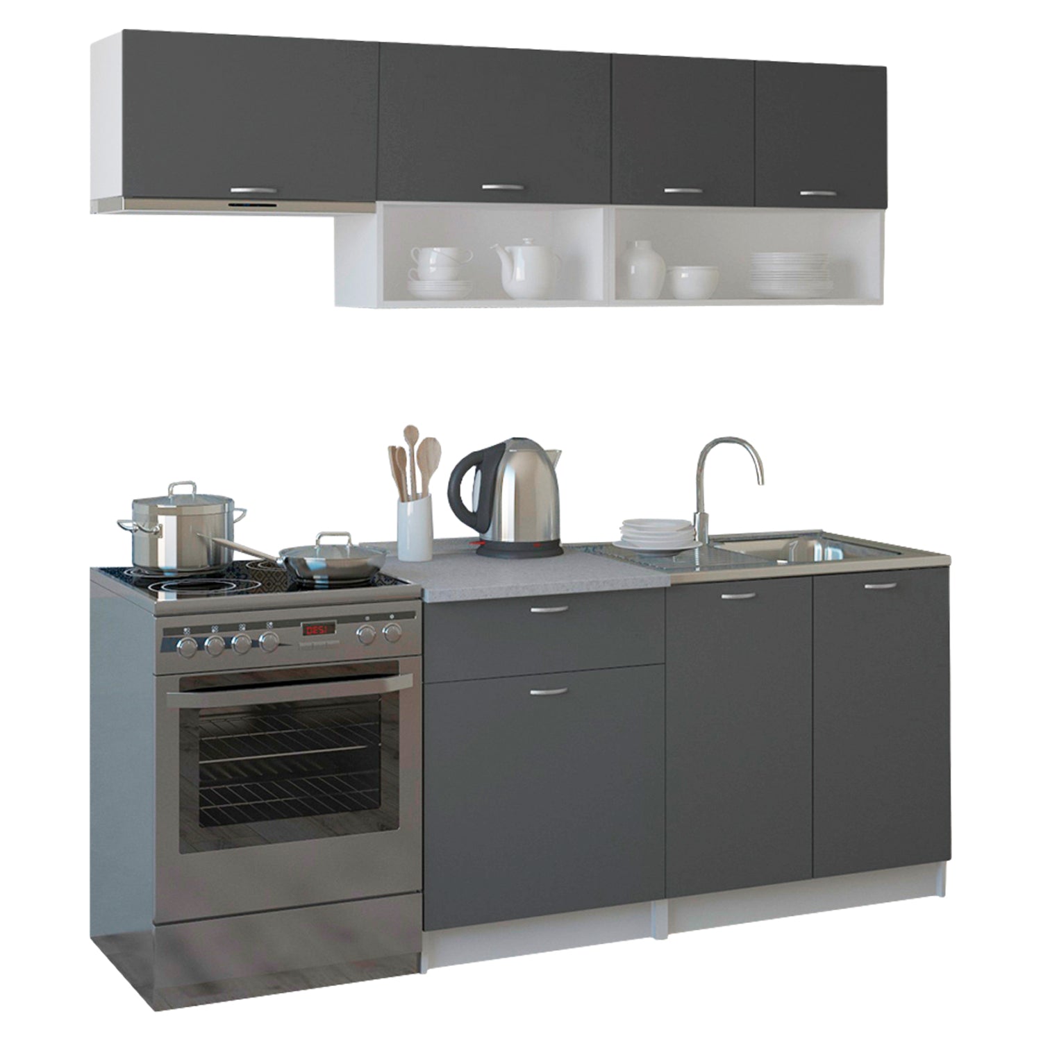 Кухненски комплект RODNEY меламин сив с бял плот 200х46-29.2см.