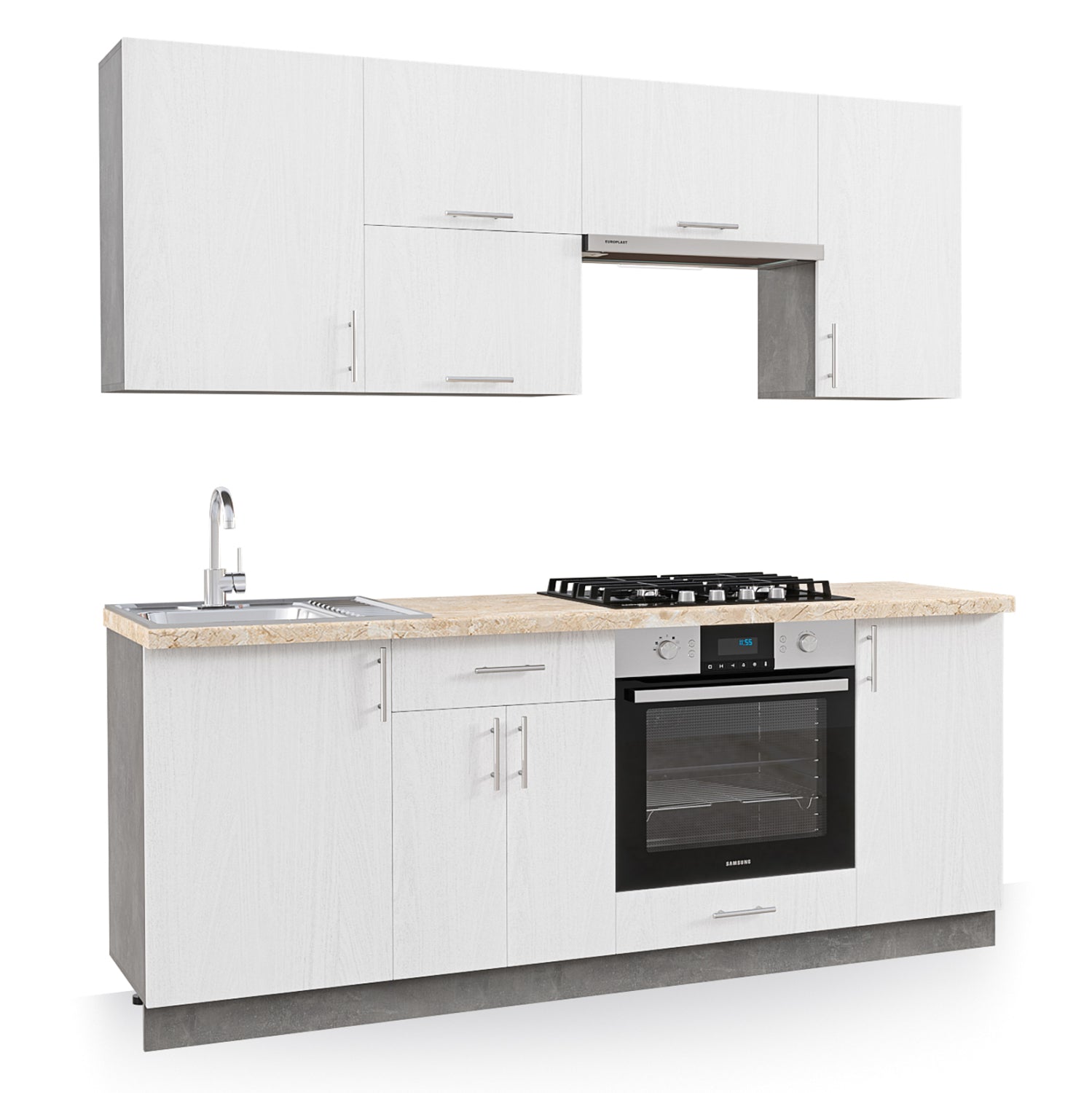 Кухненски комплект бял меламин-бежов мраморен плот 200x47x84.8 см