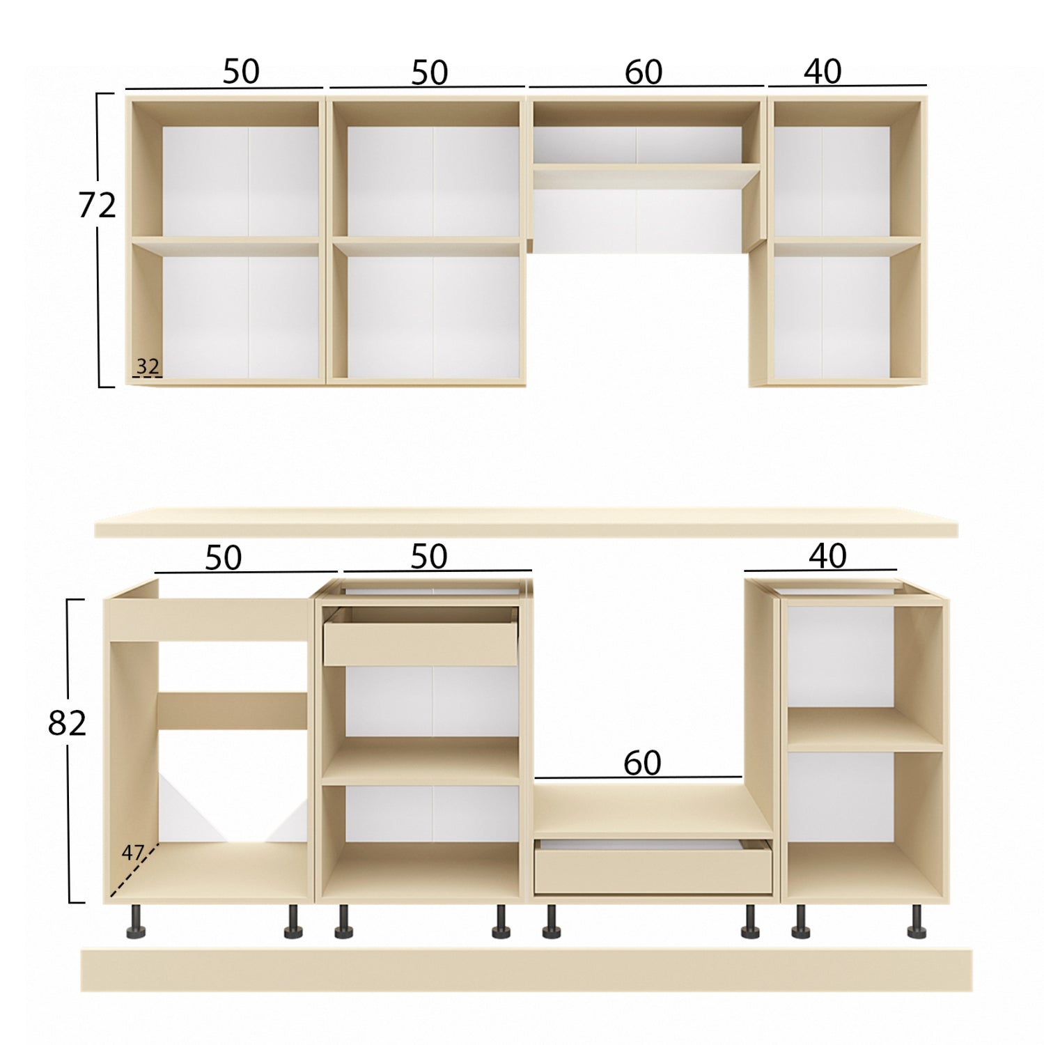 Кухненски комплект бял меламин-бежов мраморен плот 200x47x84.8 см