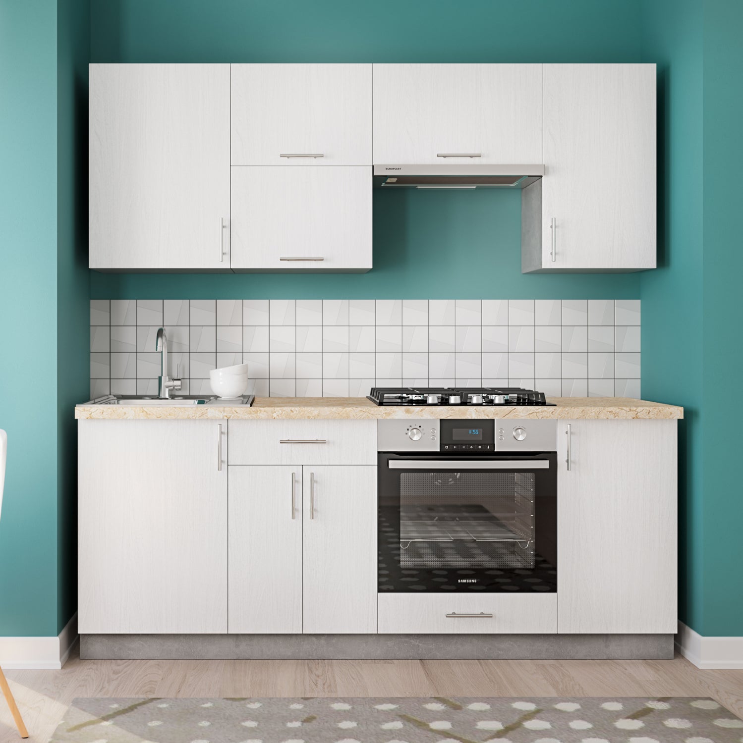 Кухненски комплект бял меламин-бежов мраморен плот 200x47x84.8 см