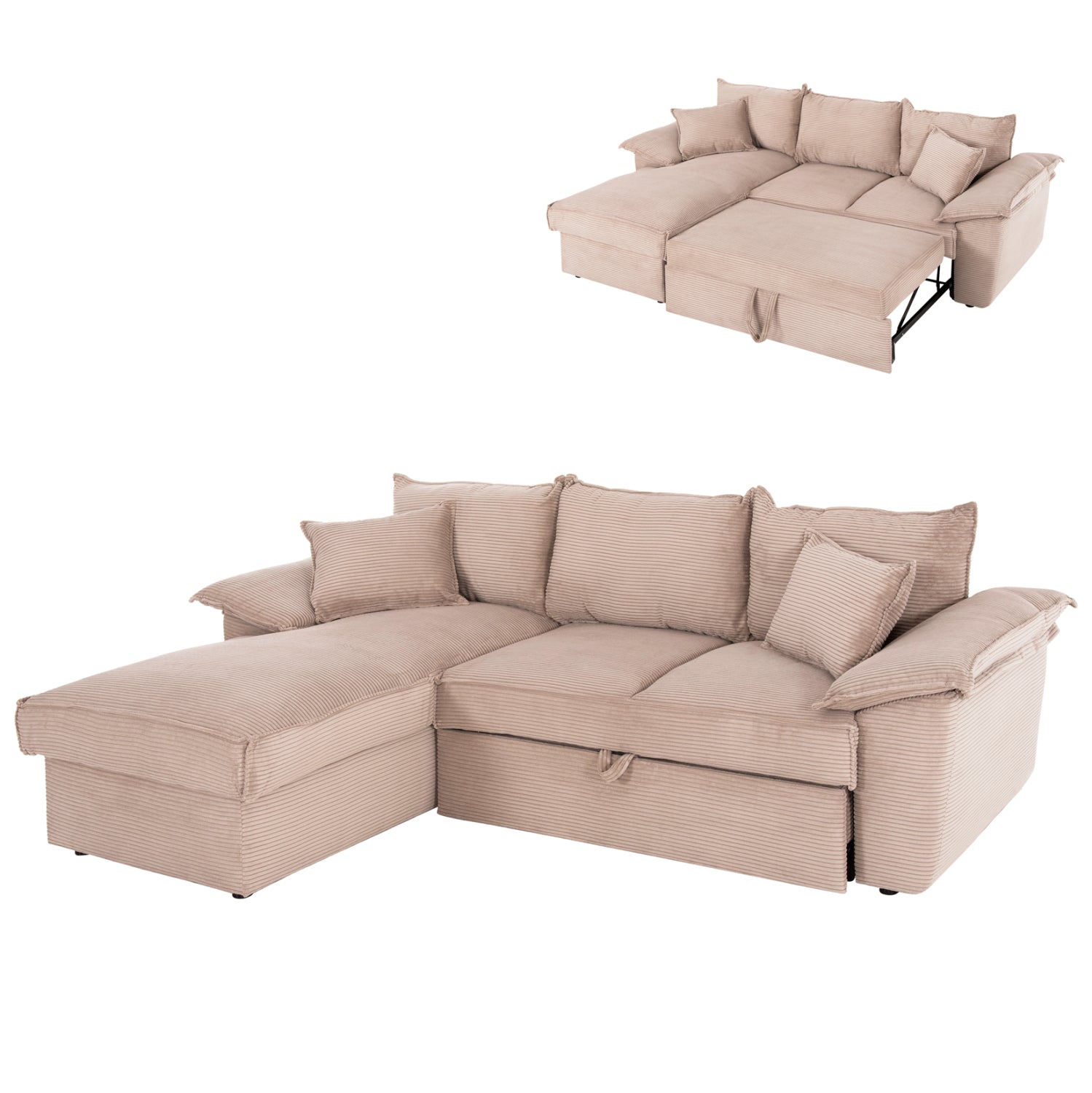 Ъглов (ляв) разтегащ диван ALDO с място за съхранение / бежов плат 256x91-159x87всм.