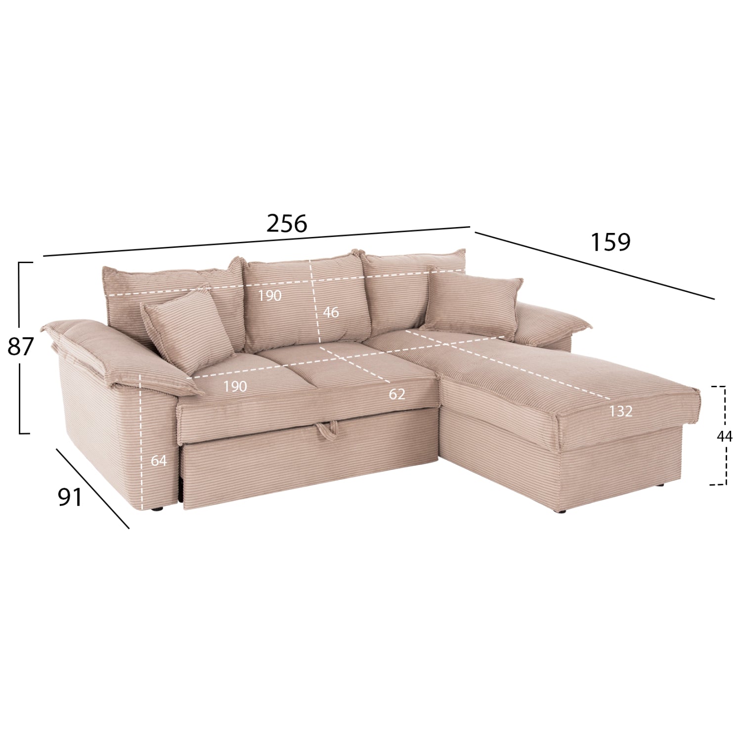 Ъглов диван Aлдо десен ъгъл бежов цвят 256x91-159x87