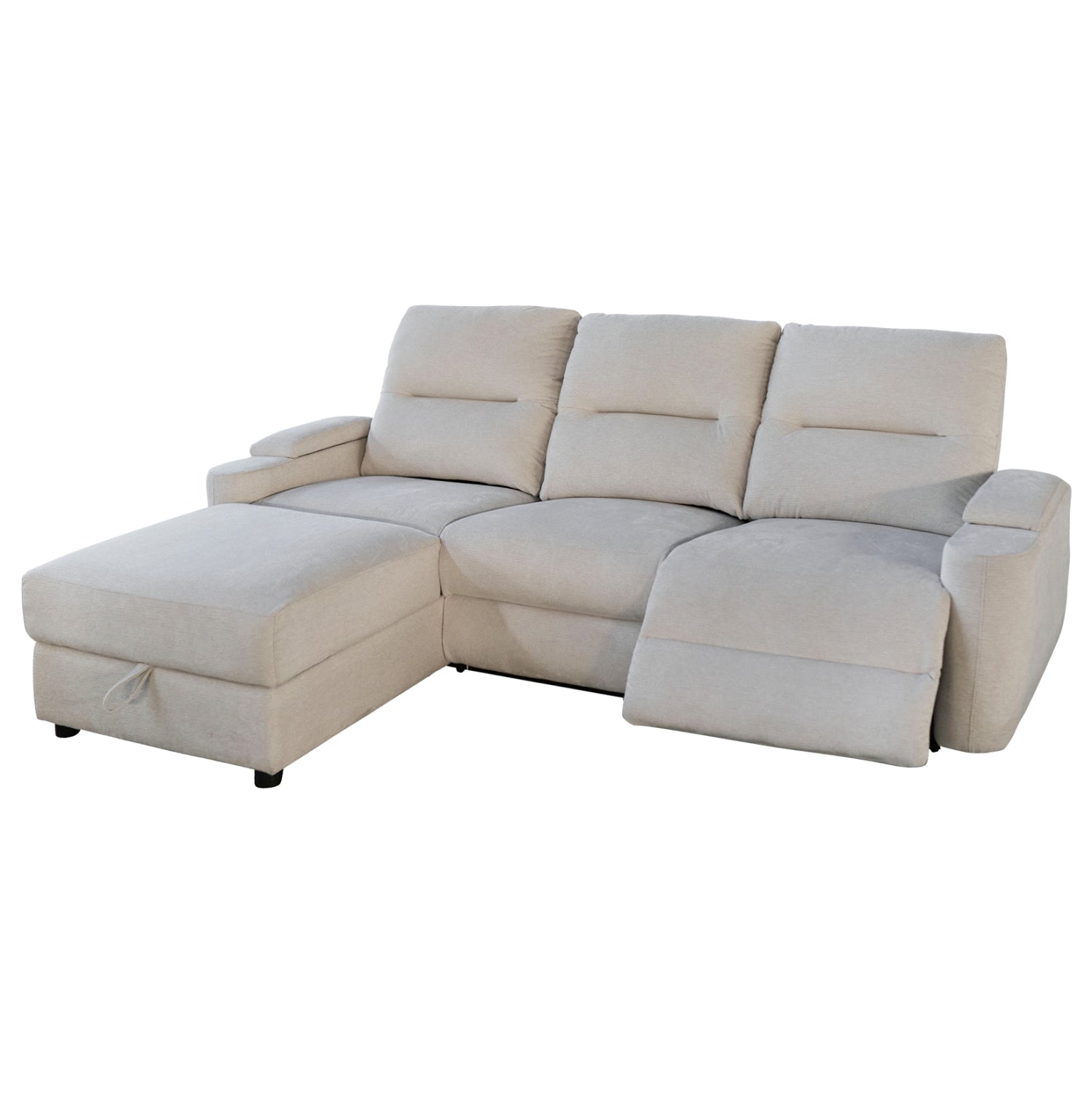 Ляв ъглов диван SYNTHIA с с електрически фотьойл и място за съхранение бежов плат 246x159x97см.