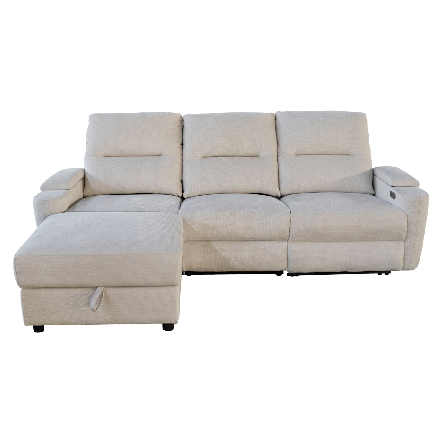 Ляв ъглов диван SYNTHIA с с електрически фотьойл и място за съхранение бежов плат 246x159x97см.