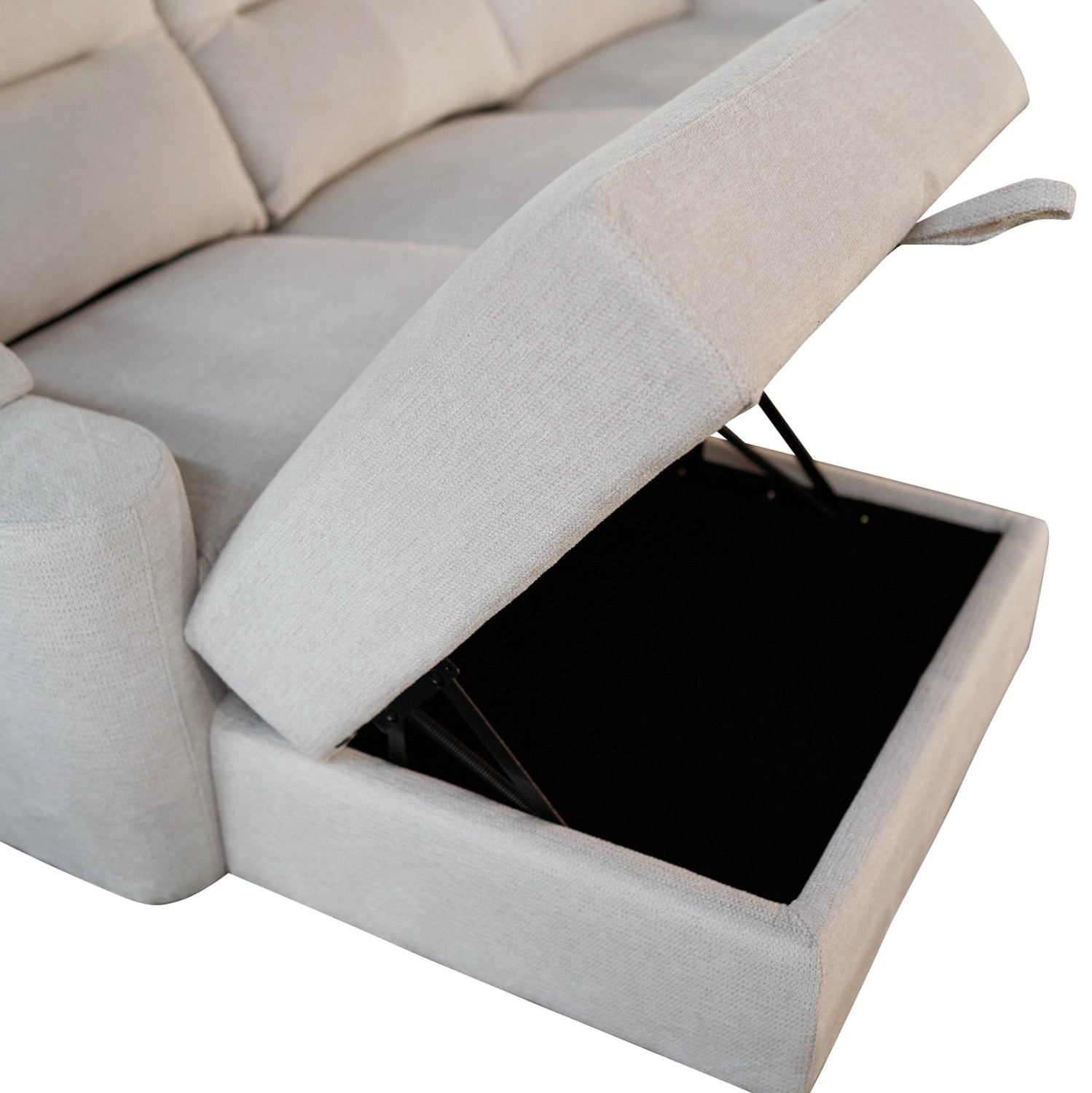 Ляв ъглов диван SYNTHIA с с електрически фотьойл и място за съхранение бежов плат 246x159x97см.