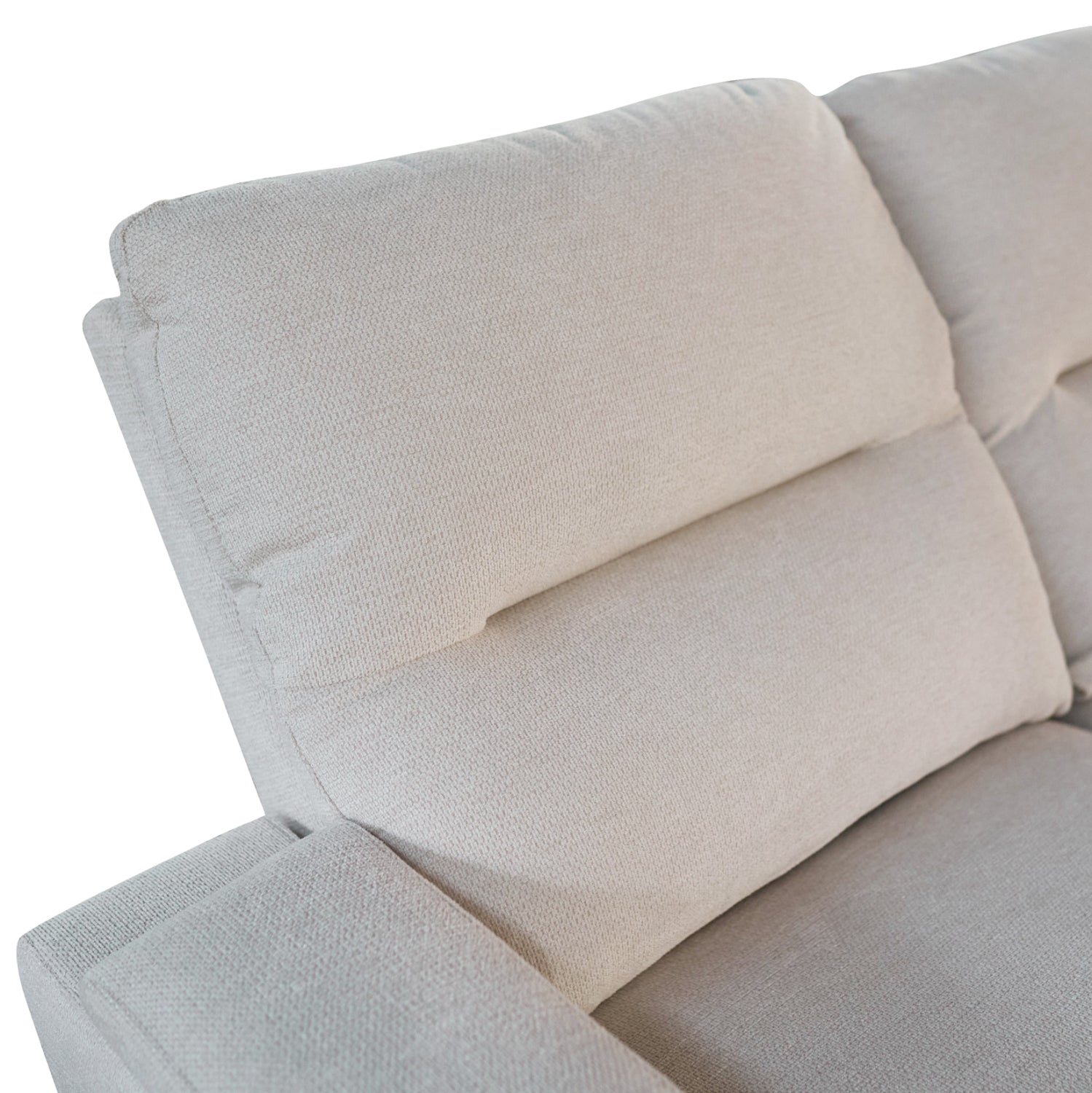 Ляв ъглов диван SYNTHIA с с електрически фотьойл и място за съхранение бежов плат 246x159x97см.