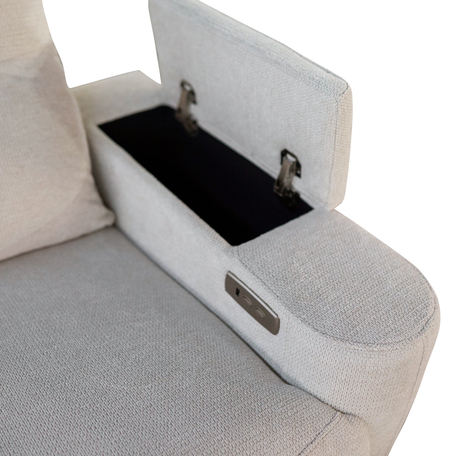 Ляв ъглов диван SYNTHIA с с електрически фотьойл и място за съхранение бежов плат 246x159x97см.