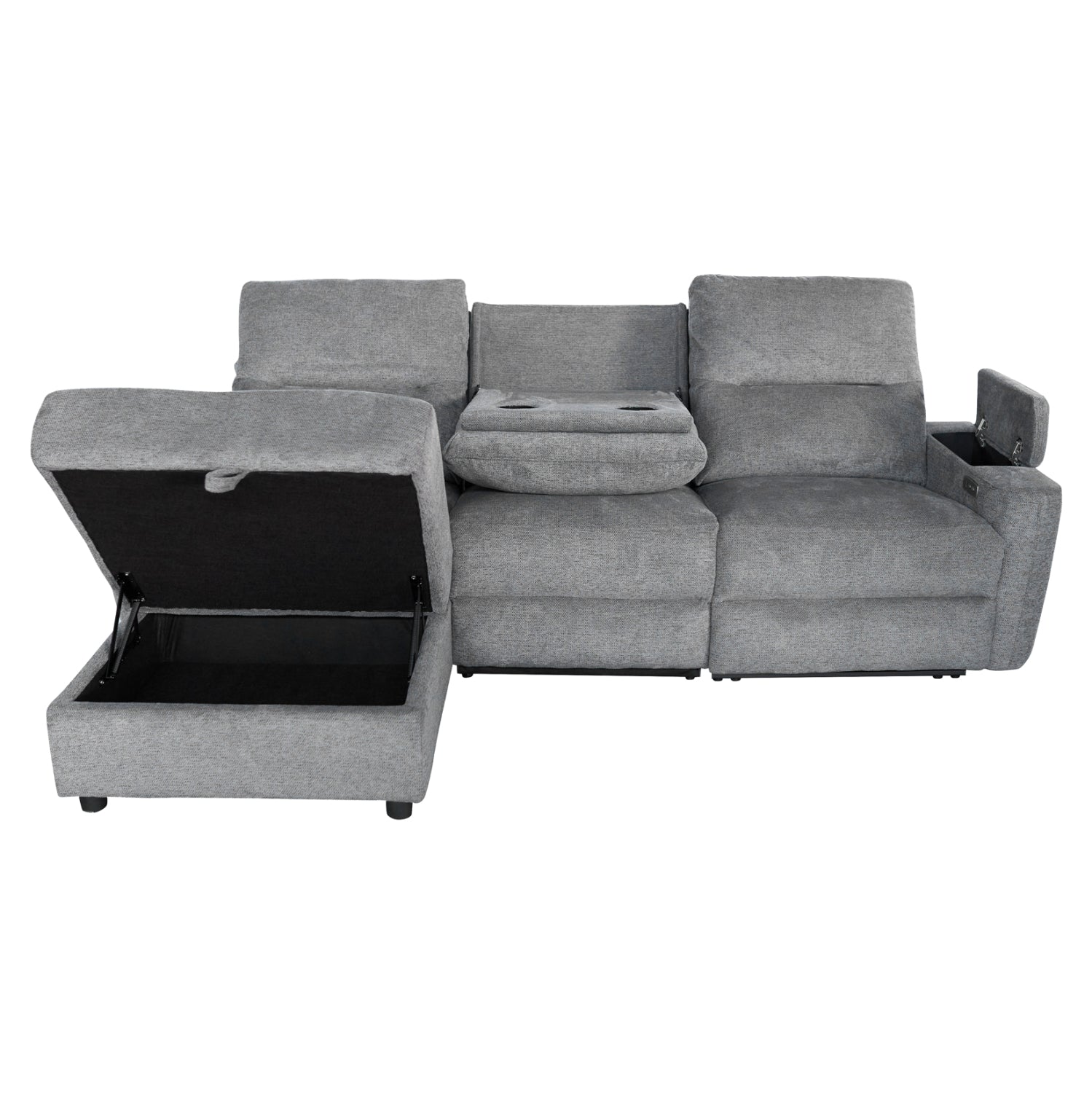 Ляв ъглов диван SYNTHIA с накланяща се седалка и място за съхранение сив плат 246x159x97см.
