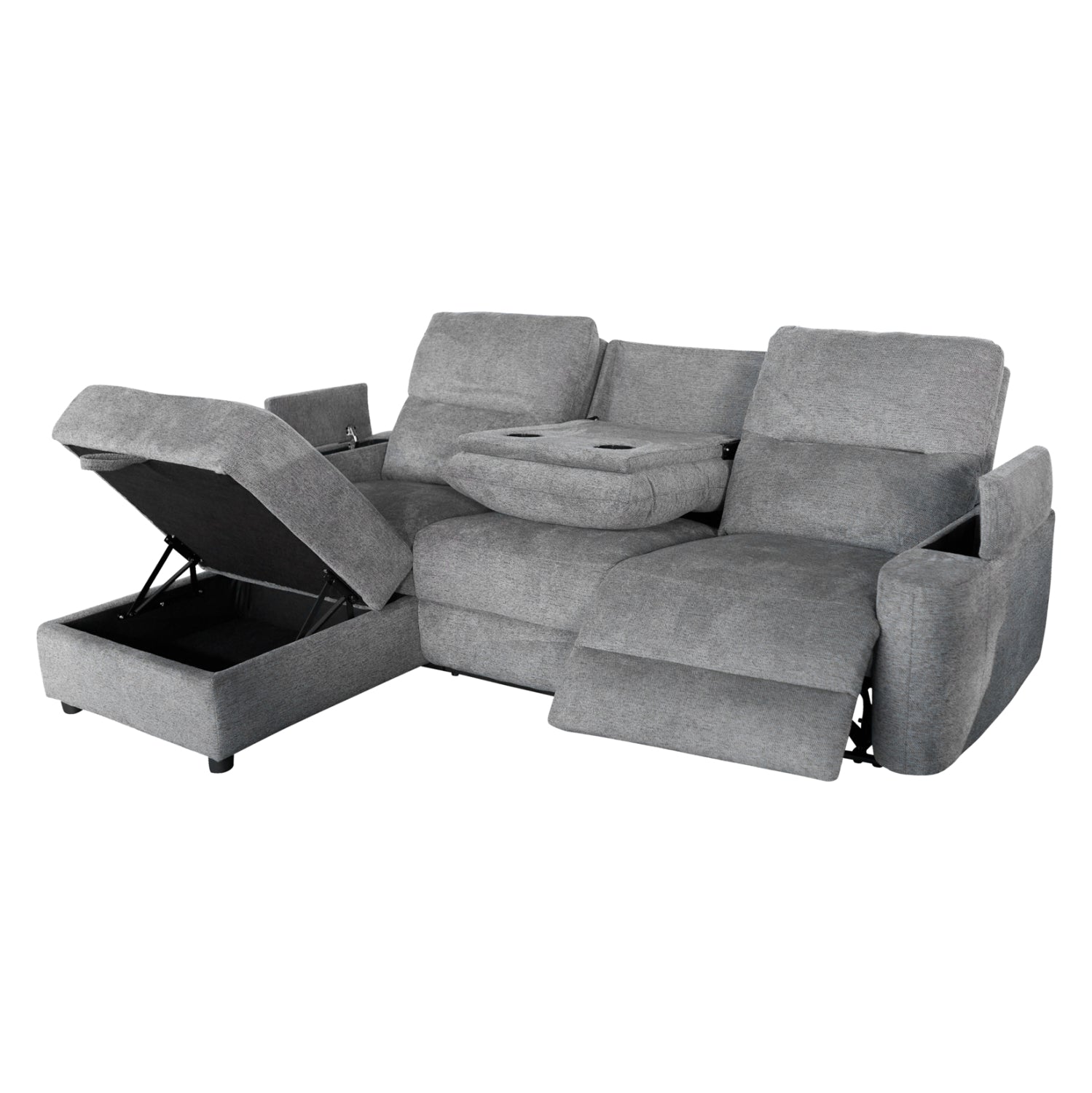 Ляв ъглов диван SYNTHIA с накланяща се седалка и място за съхранение сив плат 246x159x97см.